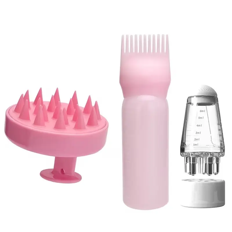 3-Piece Essential Oil Applicator Hair Dye Shampoo Bottle Soft Scalp Massage Liquid Comb Set, Home Hair Care Set, Hair Treatment, Professional Root Comb Ideal Tool for Hair Dyeing and Shampooing