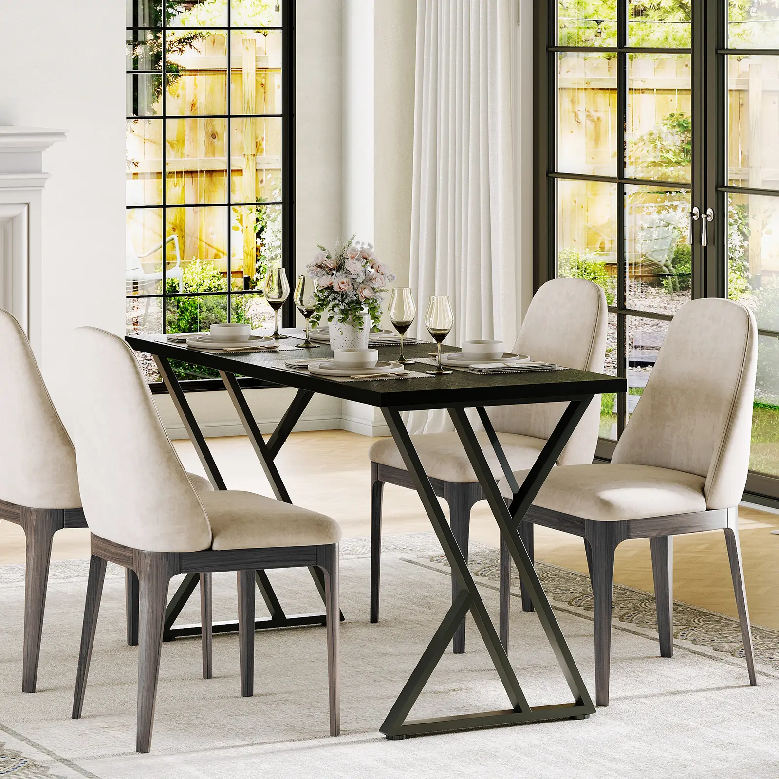 Rectangle Dining Table for 4 Person, 55" Long Black Kitchen Tables w/Wooden Waterproof Dustproof Tabletop & Heavy Duty Metal Frame, Industrial Rectangular Dinner Table for Dining Room, Kitchen