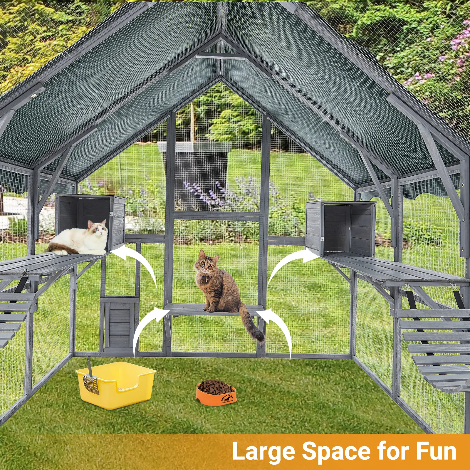 Large Wooden Outdoor Catio Cat Enclosure – 110 Inch Weatherproof Walk-In Cat House with Roof Cover, Multiple Platforms, Resting Boxes & Bridges – Secure Patio Shelter for Multiple Cats, Rabbits, Small Pets – Grey