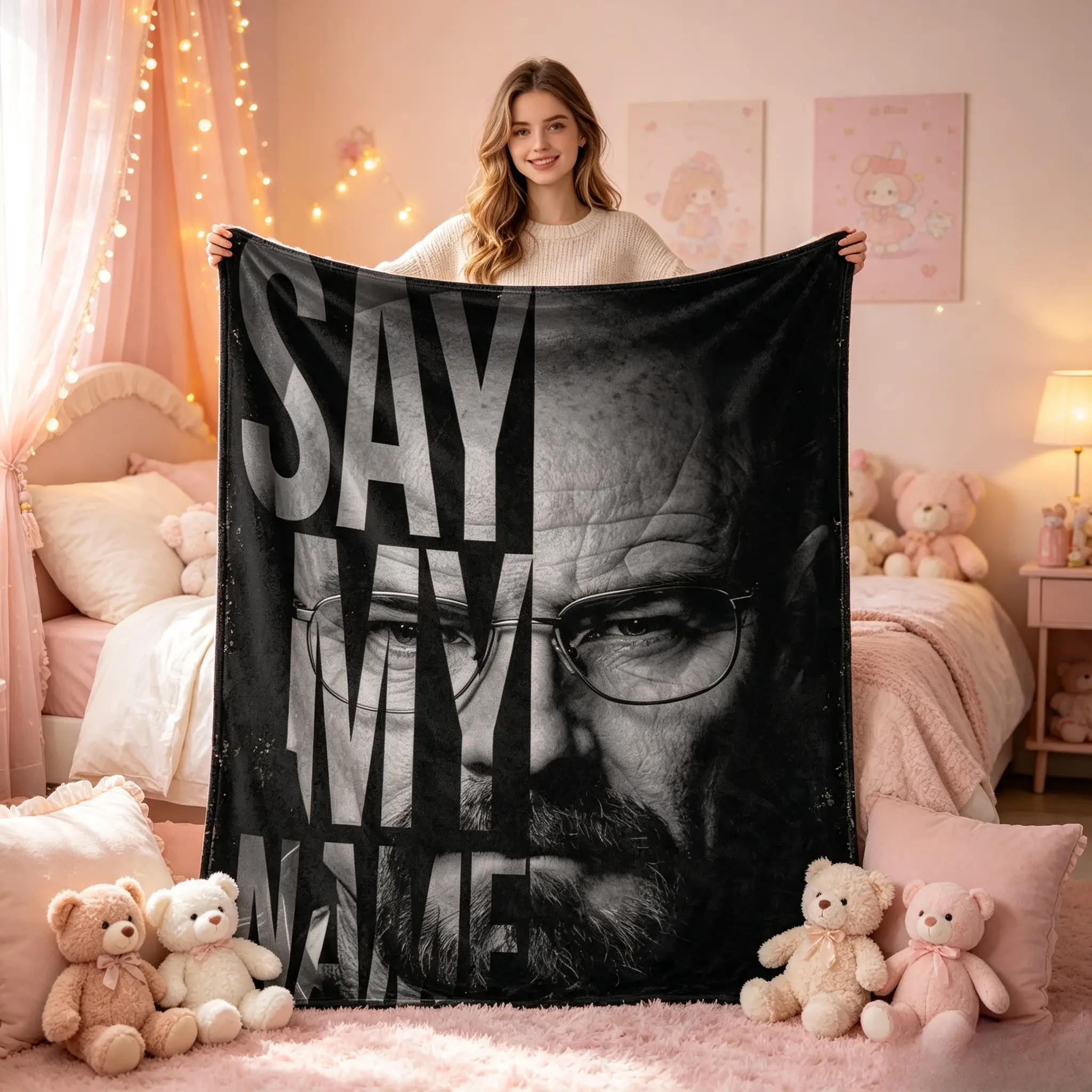 Black White Walter White Say My Name Quote Flannel Throw Blanket, Classic Breaking Bad TV Show Vintage Portrait Blanket for Man Cave Bedroom Sofa Decor, Cool Birthday Christmas Holiday Gift For Series Fans TikTok Viral Amazon Must Have