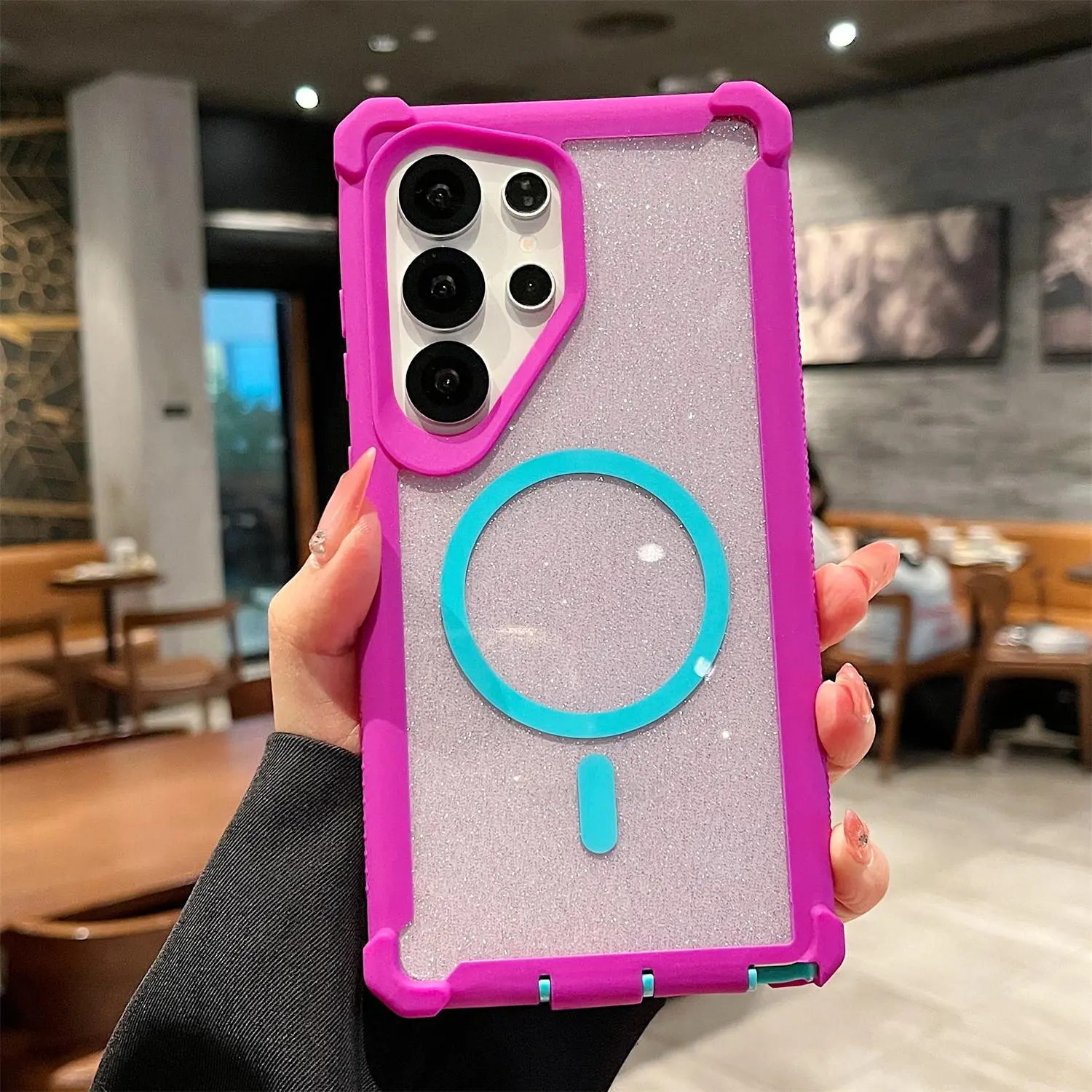 Bling Crystal Corner Magnetic Case For Samung Galaxy 26 Ultra 25 24 Plus 23 22 Note20Ultra,Compatible with Magsafe, Sparkly Glitter Back Design and High-Duty Protection Shockproof Phone Cover for Girls Women