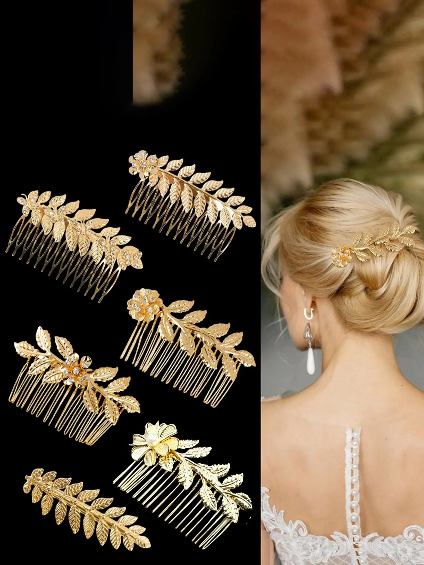 Six Vintage Gold Olive Leaf Rhinestone Hair Comb Set, Metal Floral Side Hair Comb, Bride Wedding Bridesmaid Party Updo Headpiece, Traditional Dress Hair Accessory