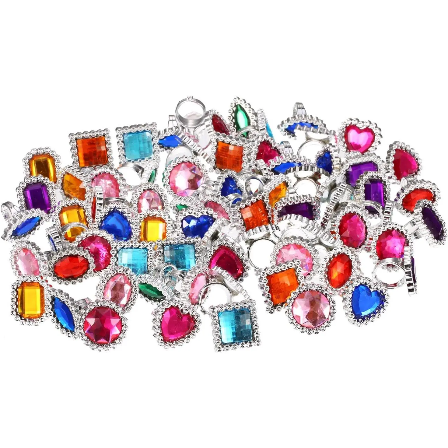 72 Pcs Colorful Adjustable Plastic Rings - Women's Costume Jewelry with Heart, Round, Oval, Square, Rectangular Designs for Carnival, Princess Dress-Up, Bridal Shower Accessories, Party, Shapes, Colorful Shapes