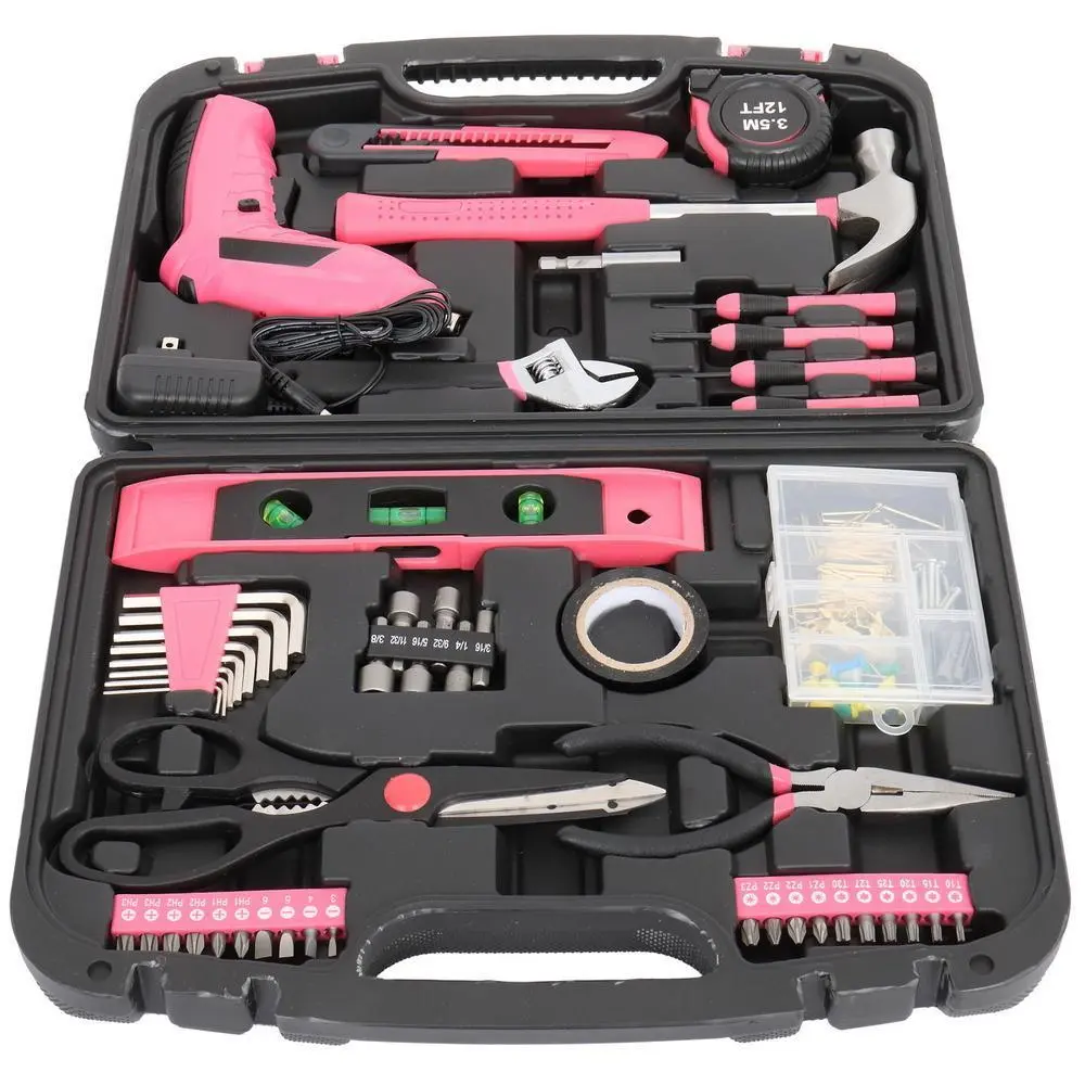 Karlhome 149-Pieces Tool Kit Set, Pink Cordless Drill Household Tool Kit with Storage Case for Women Homeowners’ Home Repairs & DIY Projects