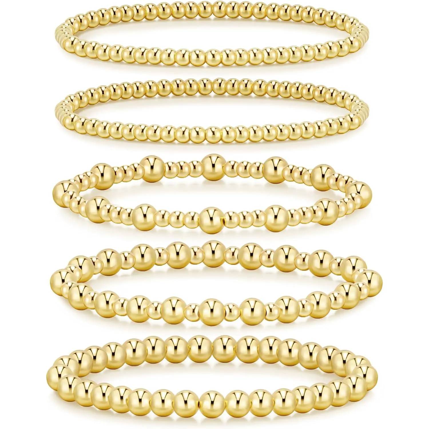 Gold Bracelets for Women Waterproof, 14K Gold Plated Beaded Strand Bead Ball Bracelets stack Adjustable Jewelry Set for Gifts