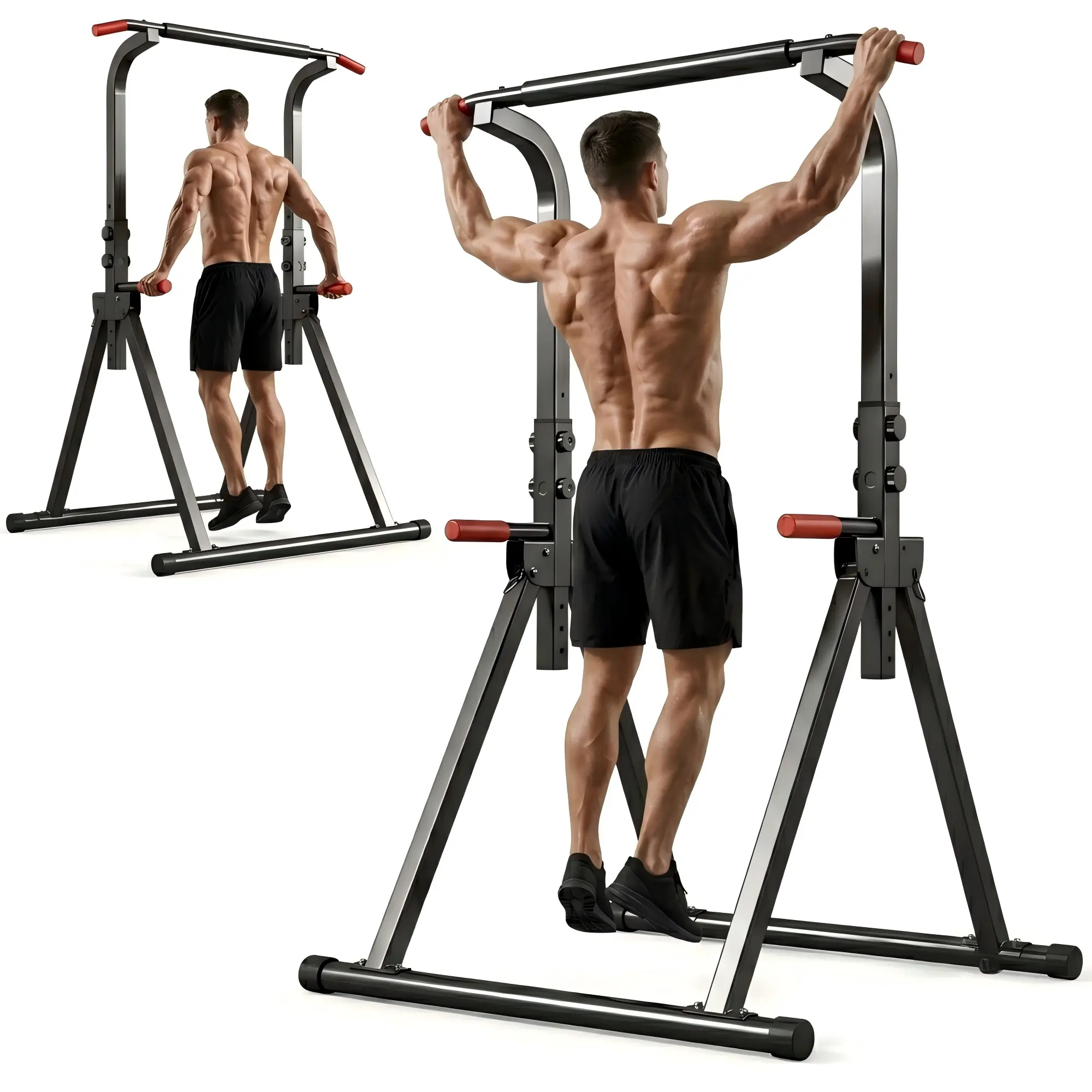 Nokaa Foldable Pull Up Bar Dip Station Power Tower, 6-Level Adjustable Height Strength Training Equipment for Home Gym, 440lbs Capacity, Black+Red Frame with Foam Grips, ABS+Rubber+Steel (Q235) Material