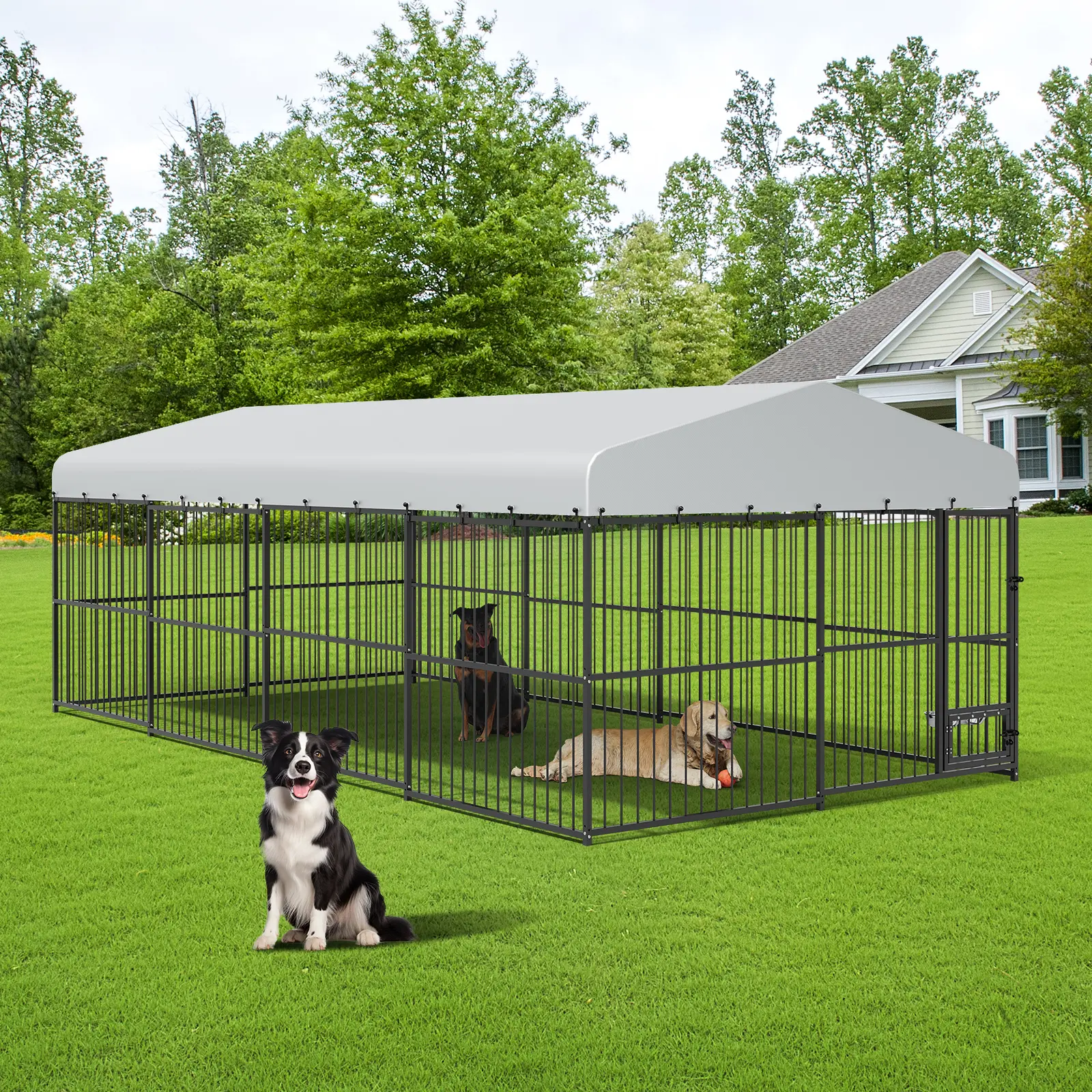 10×15ft or 10×20ft Heavy-Duty Dog Kennel | Galvanized Steel, UV-Proof Canopy & Lockable Gate – Outdoor Run for Large Dogs & Livestock-[three packages]