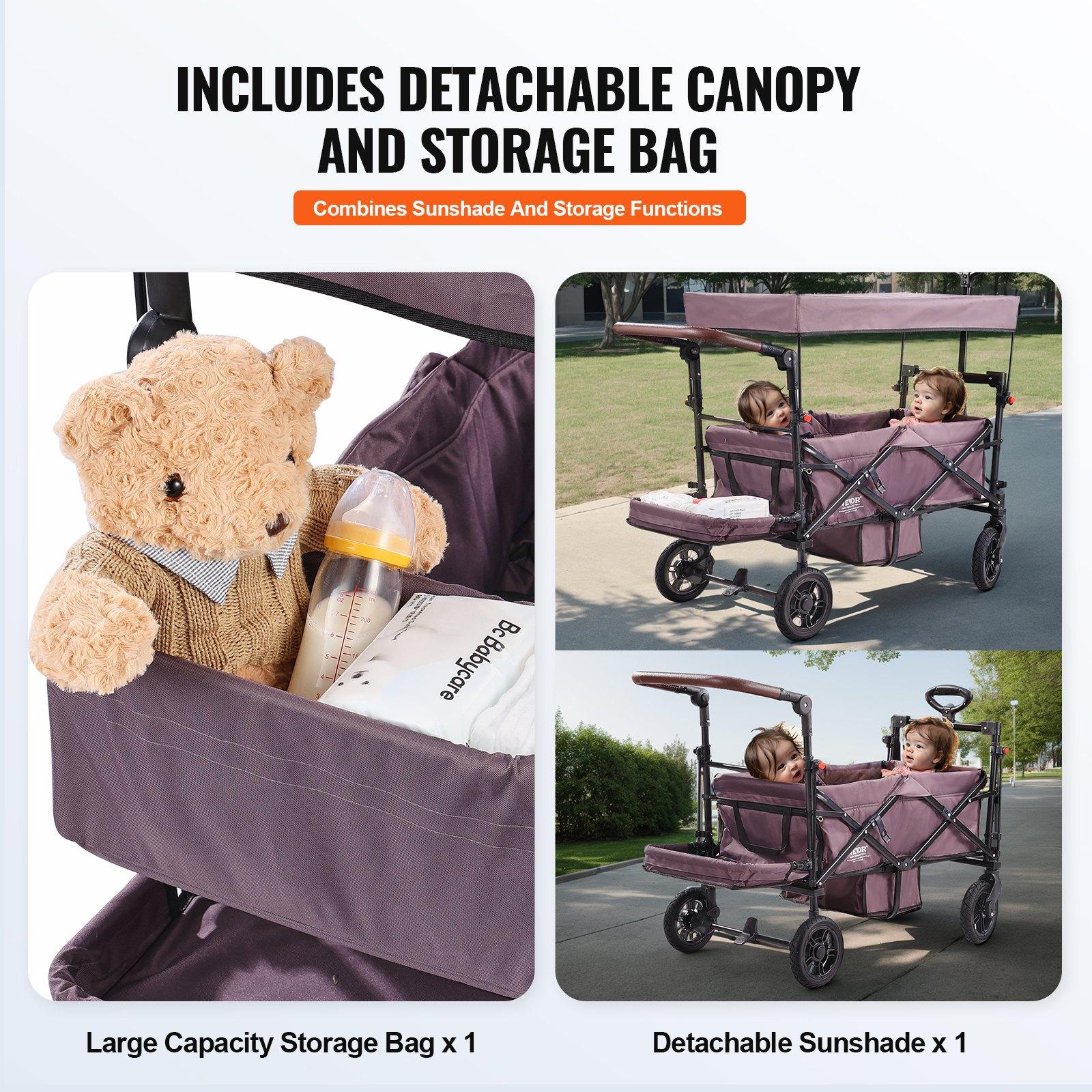 VEVOR Wagon Stroller for 2 Kids, Push Pull Quad Collapsible Stroller with Adjustable Handle, Encircling Harness Removable Canopy,4 Wheels w/ Brakes,Mutifunction Tandem Stroller for Camping Dark PurpleSummervibes