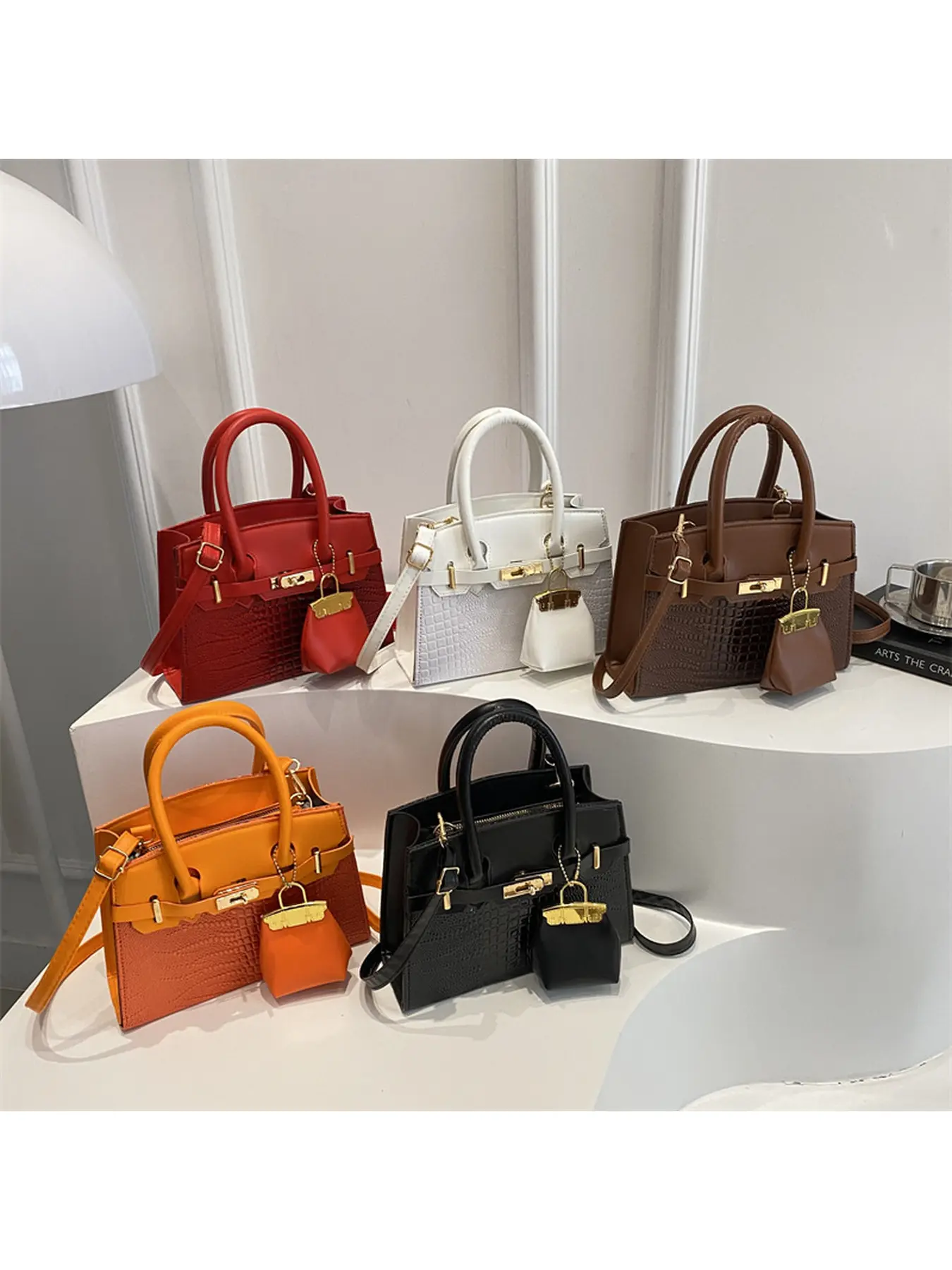 Women's Designer Color Blocked Crocodile Pattern Handbag 2026 Trendy European American Style Tote Shoulder Crossbody Mini Square Bag