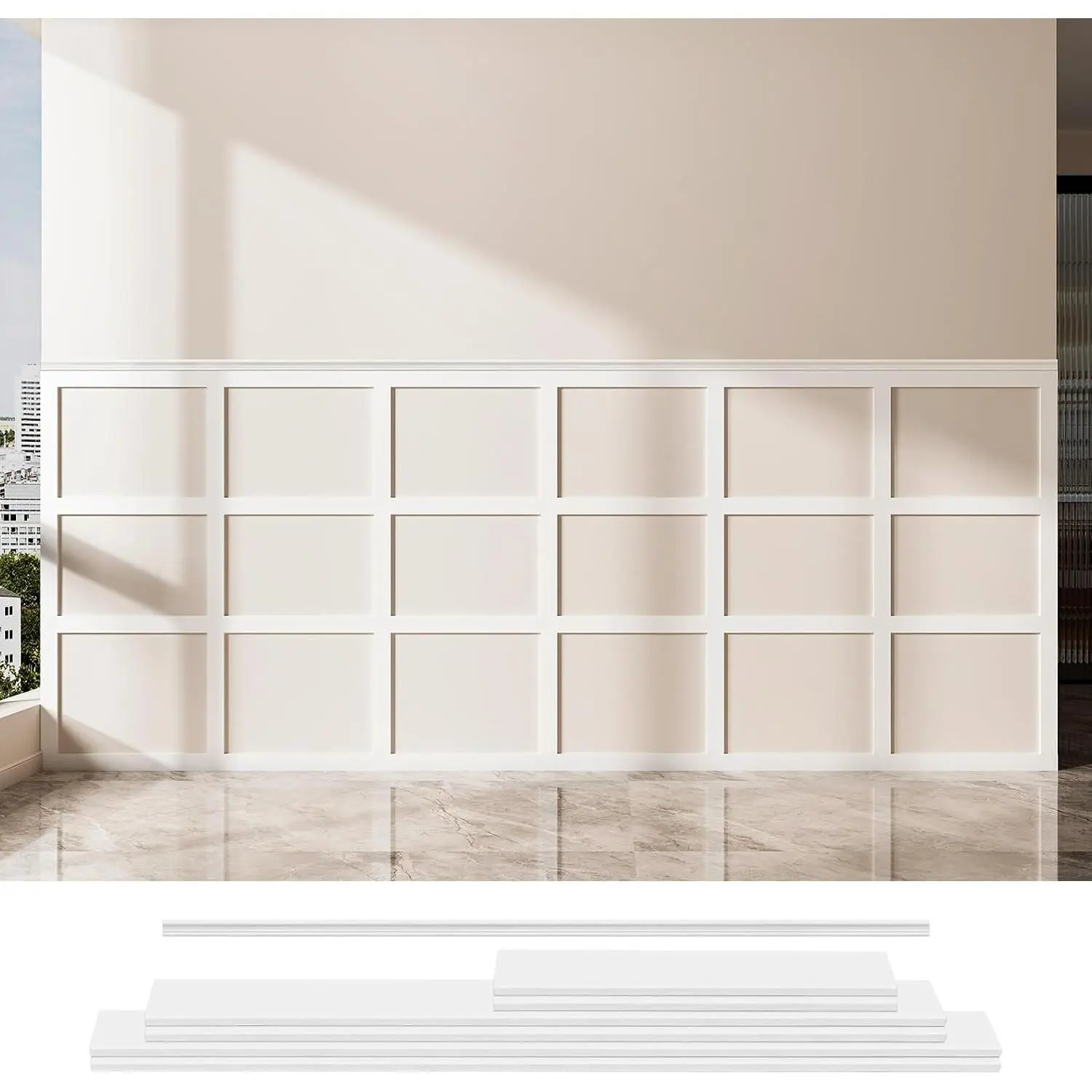 Precut Board and Batten Wainscoting Panel Kit Covers 10Ft. - Paintable Molding Trim Slat with  Strip,  to Assemble Accent Wall Decor for Living Room Dining Room Hallway, White