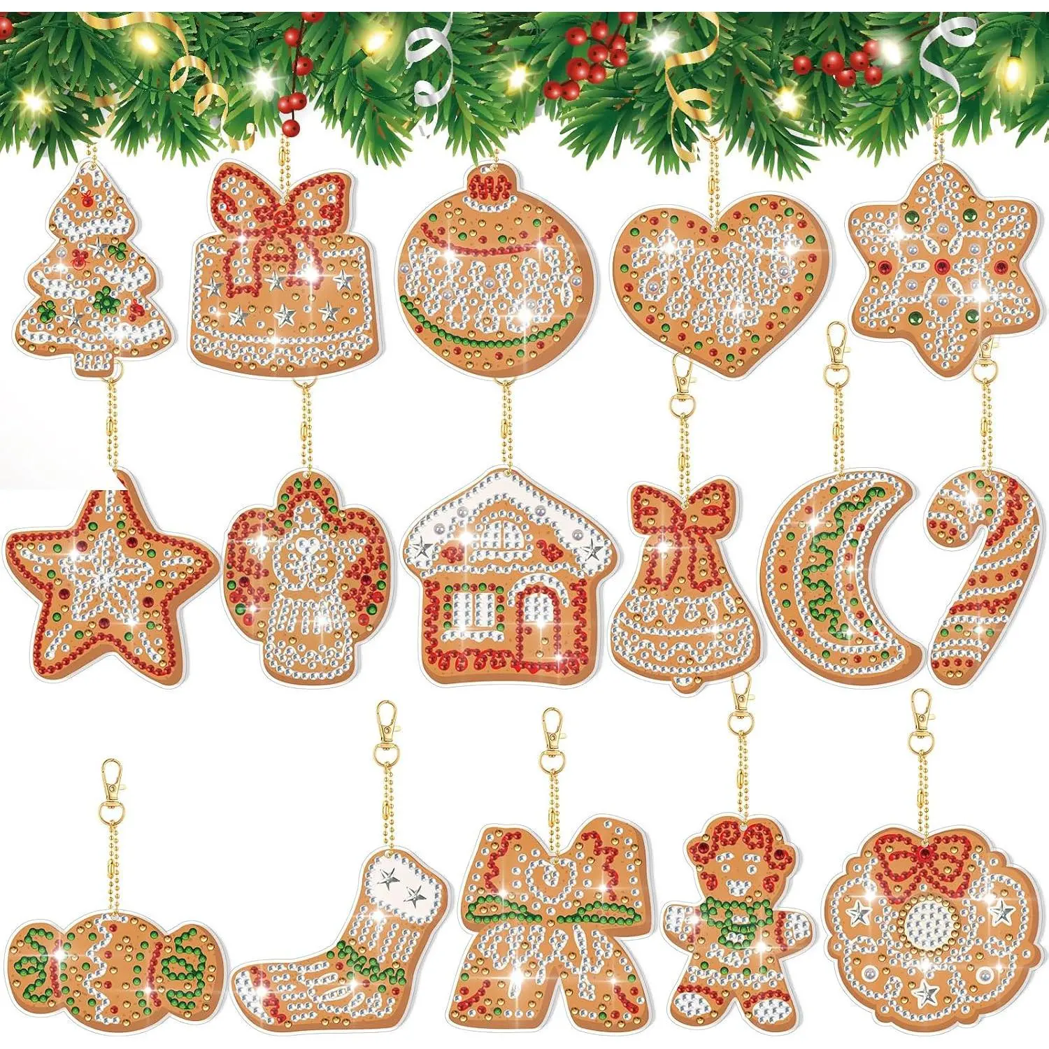 16 count Gingerbread Cookie Double Sided  Painting Tree Ornaments  DIY Christmas Ball  Merry Christmas Candy Cane  Tags 5D  Decor for Xmas  Office Porch Yard
