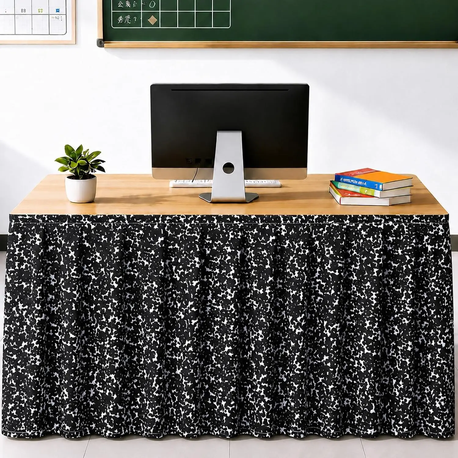6ft Black and White Composition Table Skirt Cloths for Classroom Teacher Desk Rectangle Table Cover Skirt for Kindergarten Preschool Office Bookcase Cabinet Back to School Decoration Supplies