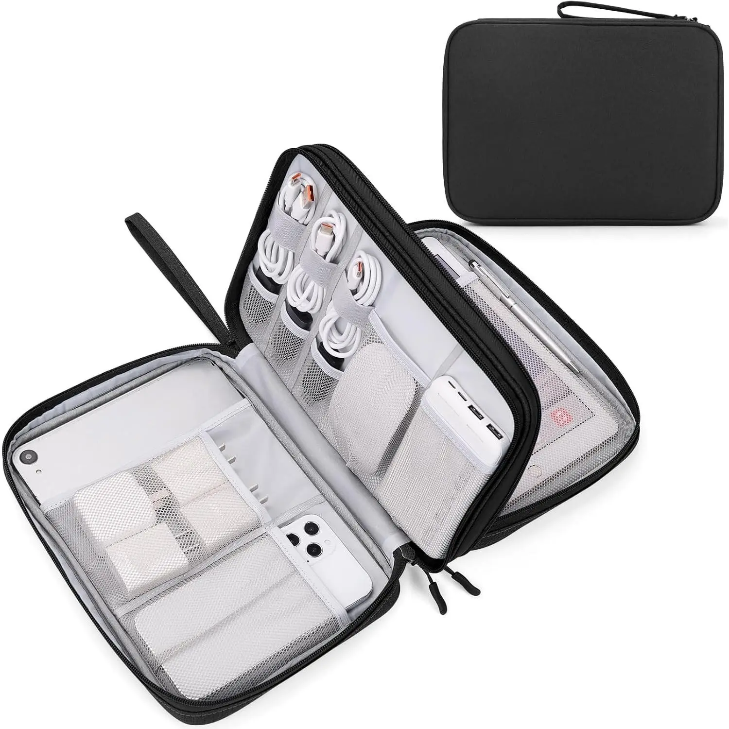 Electronic Organizer, Extra Large Travel Cable Organizer Bag Pouch Portable Waterproof Double Layers All-in-One Storage Bag for iPad, Cable, Power Bank, Laptop Charger for Office/Home, Black