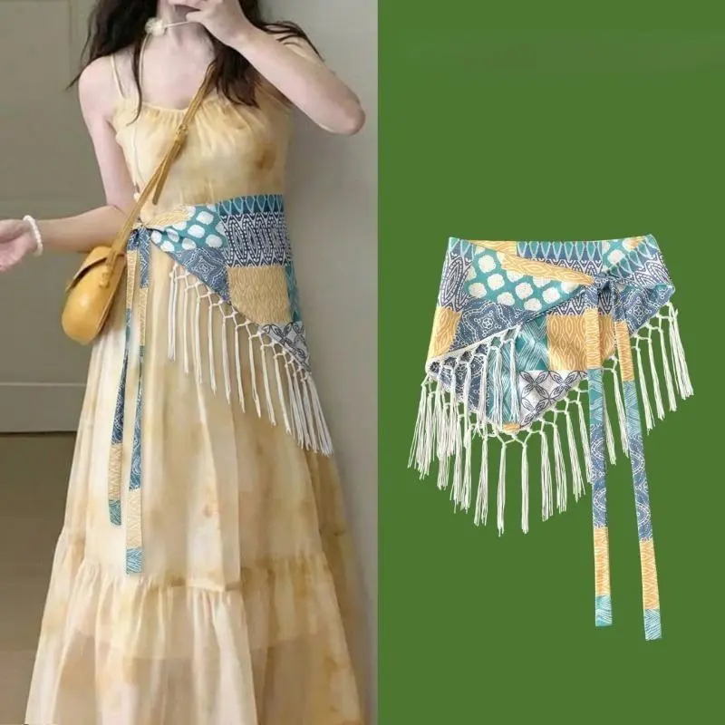 Fringe Tassel Triangle Hip Wrap Skirt With Classic Boho Paisley Pattern, Adjustable Self-Tie Sash Belt Cover-Up, Flowy Lightweight Layering Piece Compatible With Slip Dresses For Beach Vacation Daily Casual Wear, Multi-Scenario Feminine Travel Fashion Acc