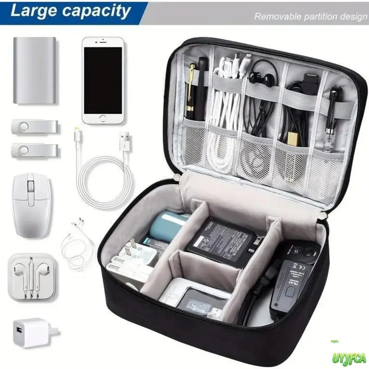 Portable Electronics Organizer Travel Bag,Compact Portable Water‑Resistant Cationic Fabric Digital Storage Case With Removable Dividers, Multi‑Compartment Carry Pouch For Cables, Chargers And Tech Accessories