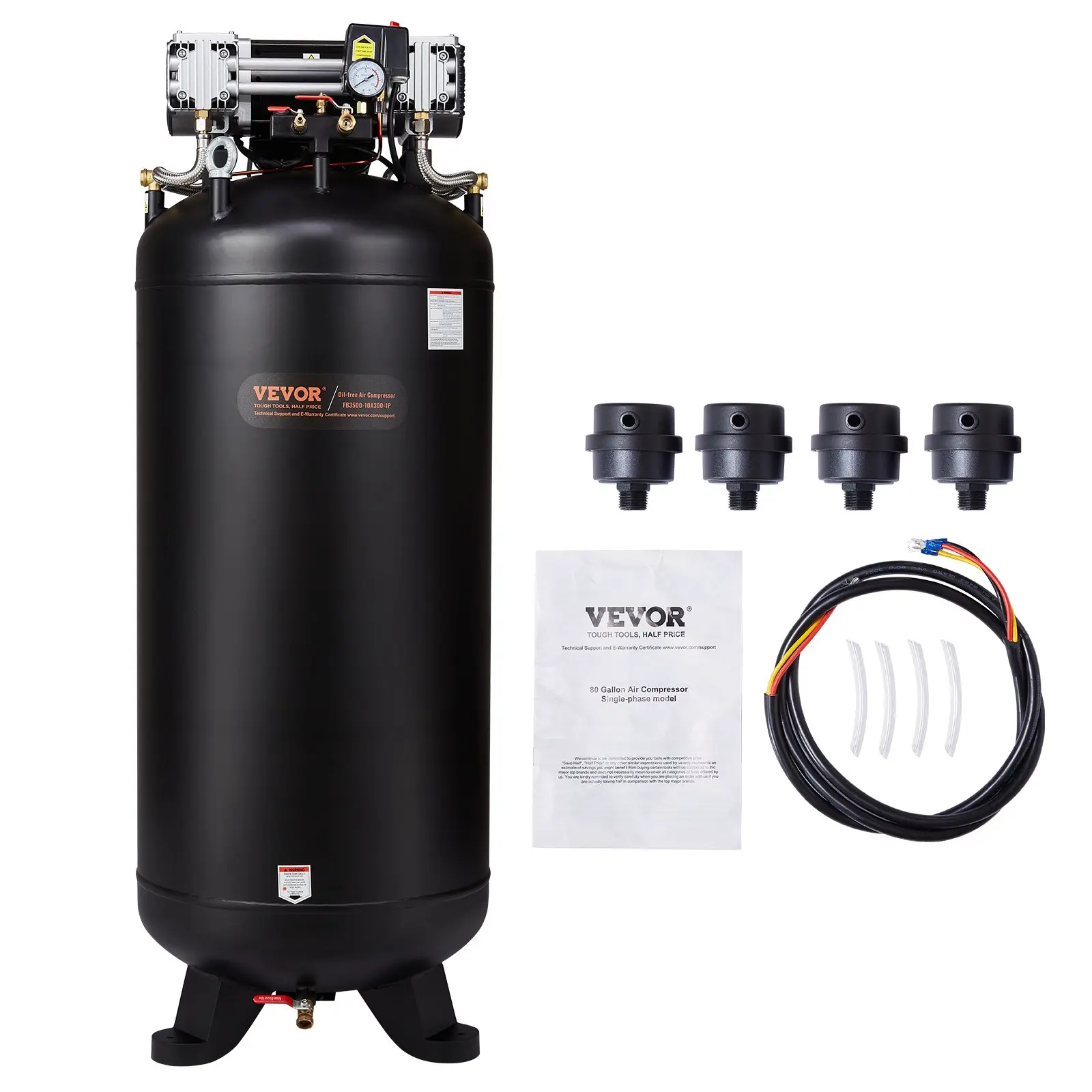 【DealsForYouDays】VEVOR 80 Gallon Air Compressor, 6.5HP 15.5SCFM90 PSI, 145PSI Oil Free Stationary Air Compressor Tank, 86dB Ultra Quiet Compressor for Industrial Manufacturing, Construction Sites, Auto Repair