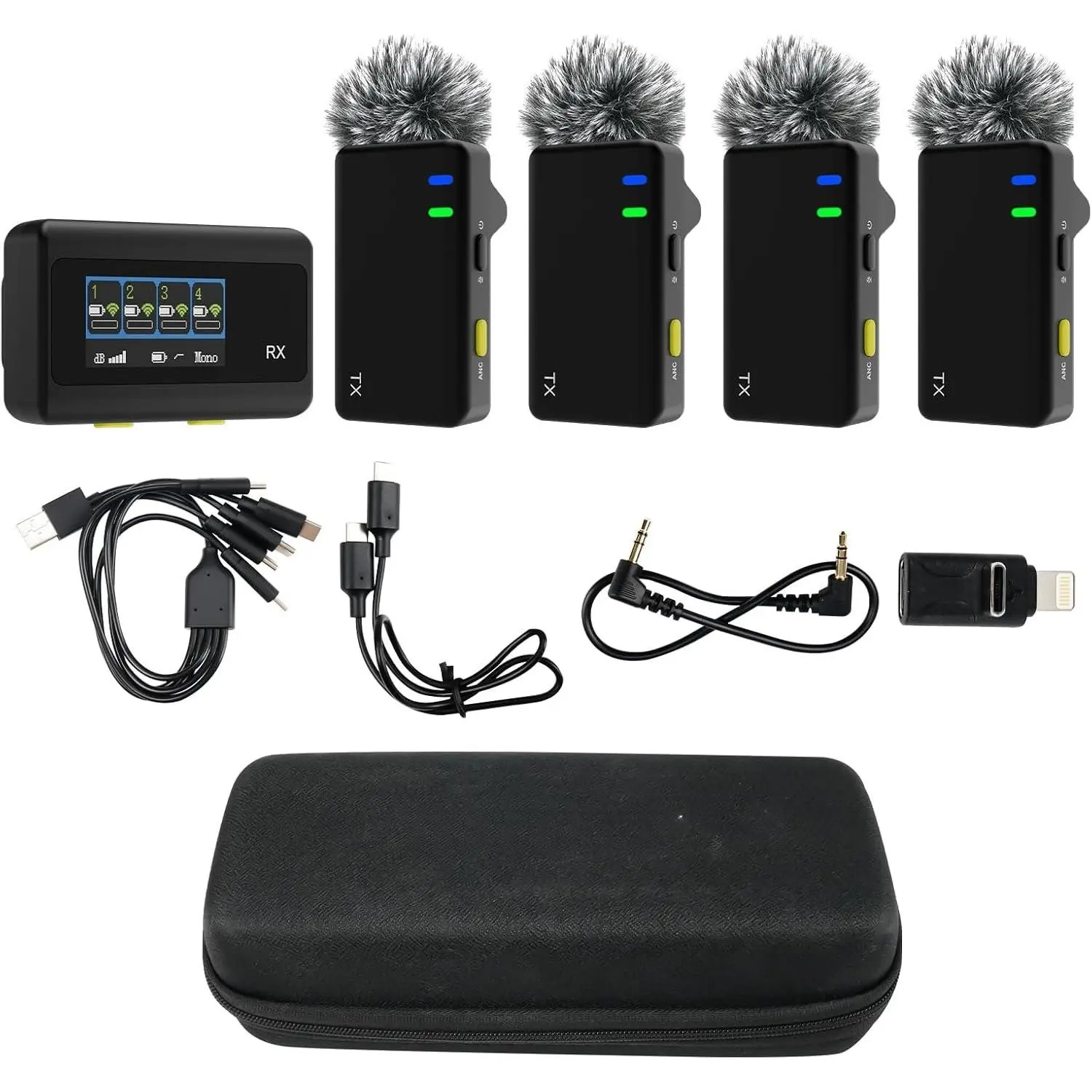D4 4-Person  Lavalier Microphones Systems for Group Videos | Compatible with , Android, Camera, 2-Level Noise Reduction, 656ft Range,  Display,  Mount,Safety Track