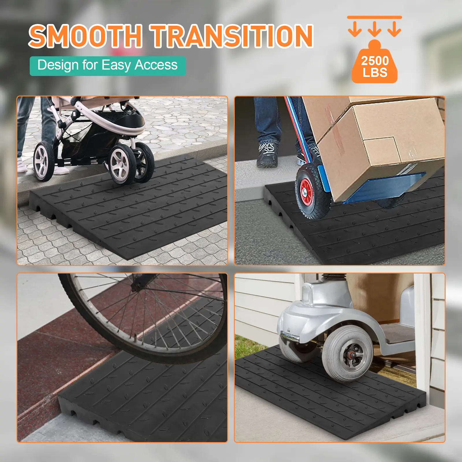 Heavy Duty Rubber Curb Ramp for Driveways – 48" Length, 10cm Rise, 15-Ton Capacity, Non-Slip Surface, 3-Channel Cable Cover, Water Drainage – Wheelchair, Scooter, Motorcycle & Car Access – Ideal for Home, Garage, Sidewalk
