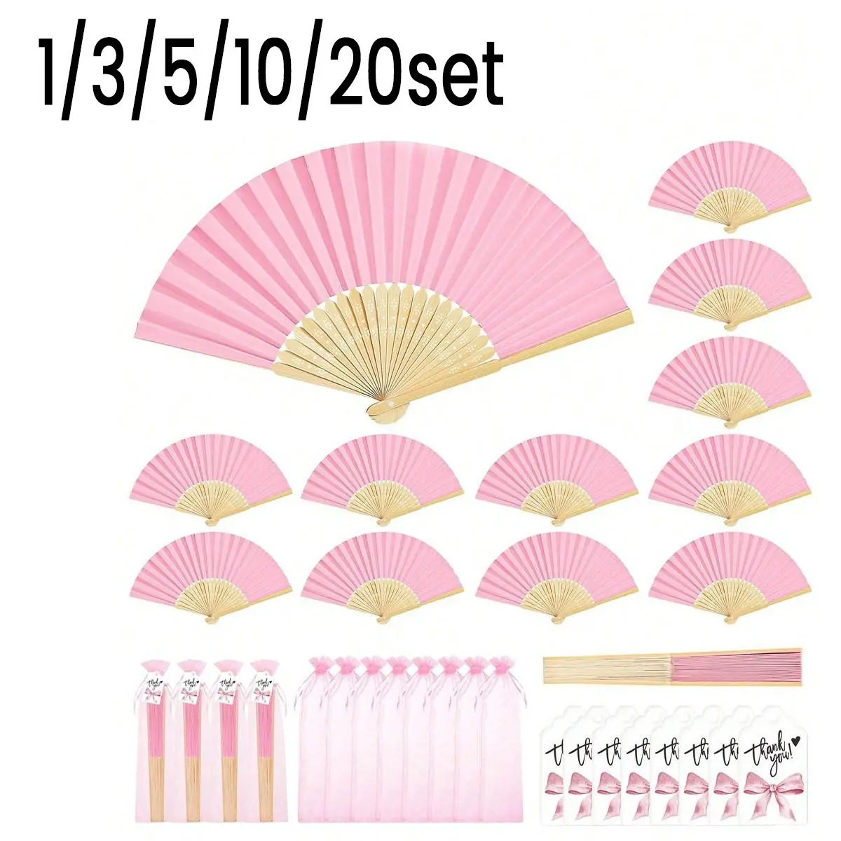 Elegant Fan Set with Thank-You Cards and Gift Bags, Bamboo Folding Fans for Bridesmaids, Perfect Wedding Decor, Party Accessories