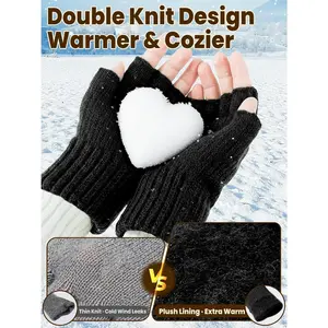 Fingerless Gloves for Women Men, Winter Warm Alpaca Wool Stretch Knit Adult Half Finger Glove for Typing Driving