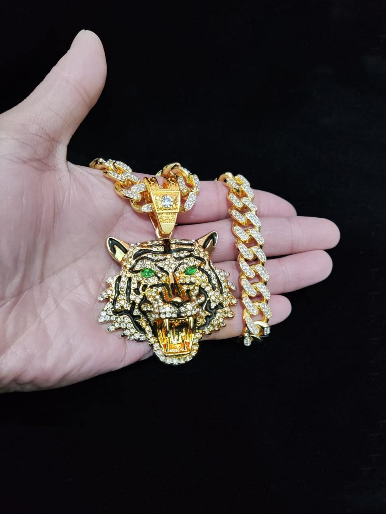 Hip Hop Luxury Rhinestone Tiger Shaped Pendant Necklace for Men & Women, Summer Chunky Cuban Chain Necklace, Streetwear Necklace, Cuban Link Chain, Gift for Girlfriend