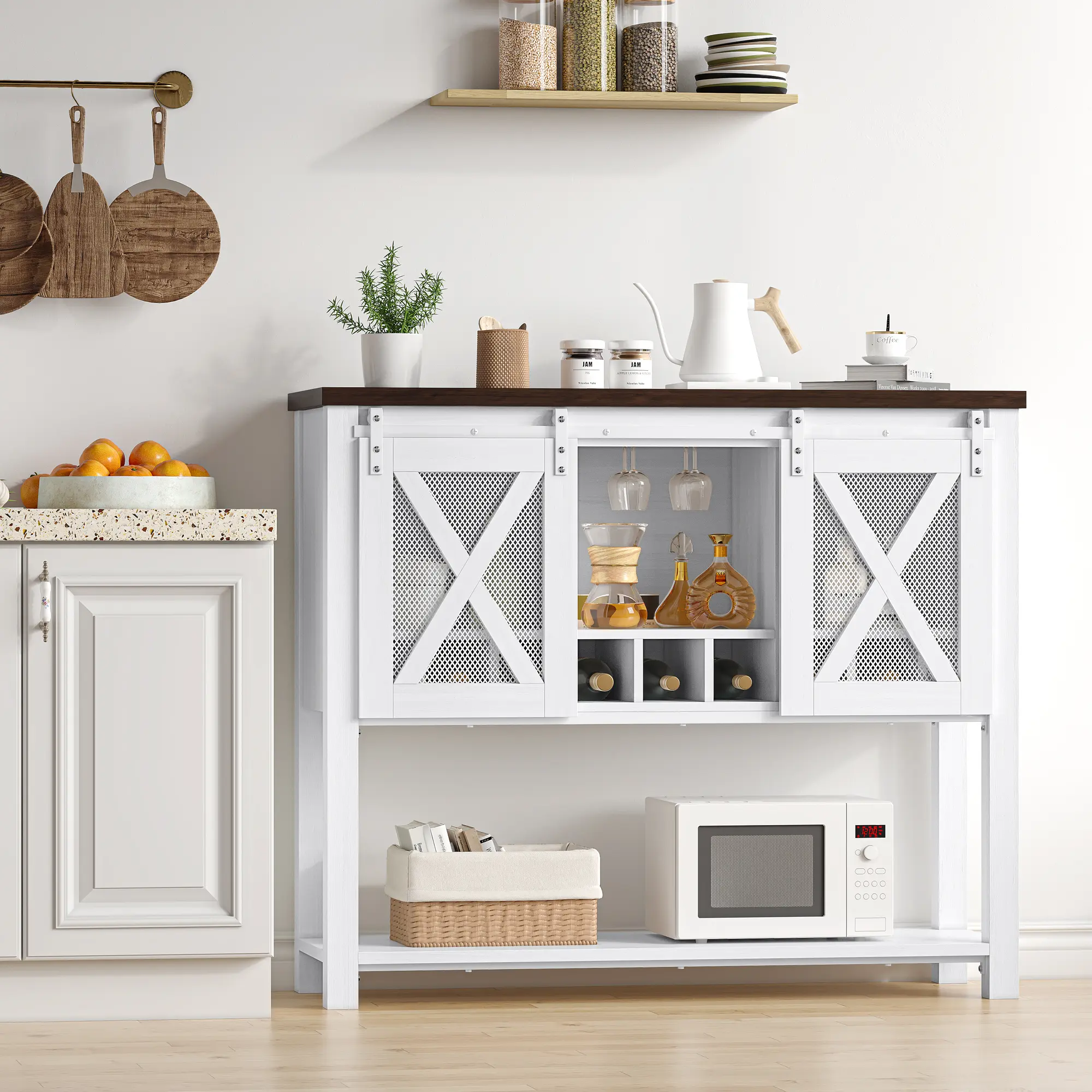Large Buffet Sideboard Cabinet with Sliding Barn Doors, Adjustable Shelves, Wine Rack, Metal and MDF Storage Console Table for Dining Room, Kitchen, Living Room ﻿