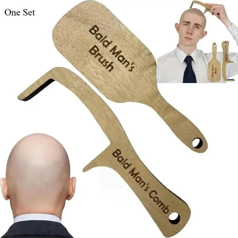 A 2-piece set of funny wooden combs and brushes for bald men, a novel and playful hair care tool for bald men, a fun wooden comb and brush, a funny and playful gift suitable for fathers, husbands and men. Exchange fun gifts for Christmas