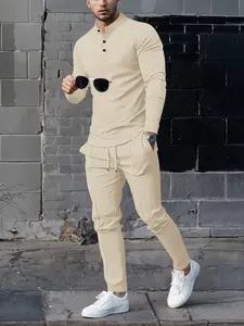 Men's Stand Collar Long Sleeve Shirt and Pants Set, Spring Autumn Outdoor Casual Wear, Solid Color Henley, Comfortable Daily Commute Clothes, Suits