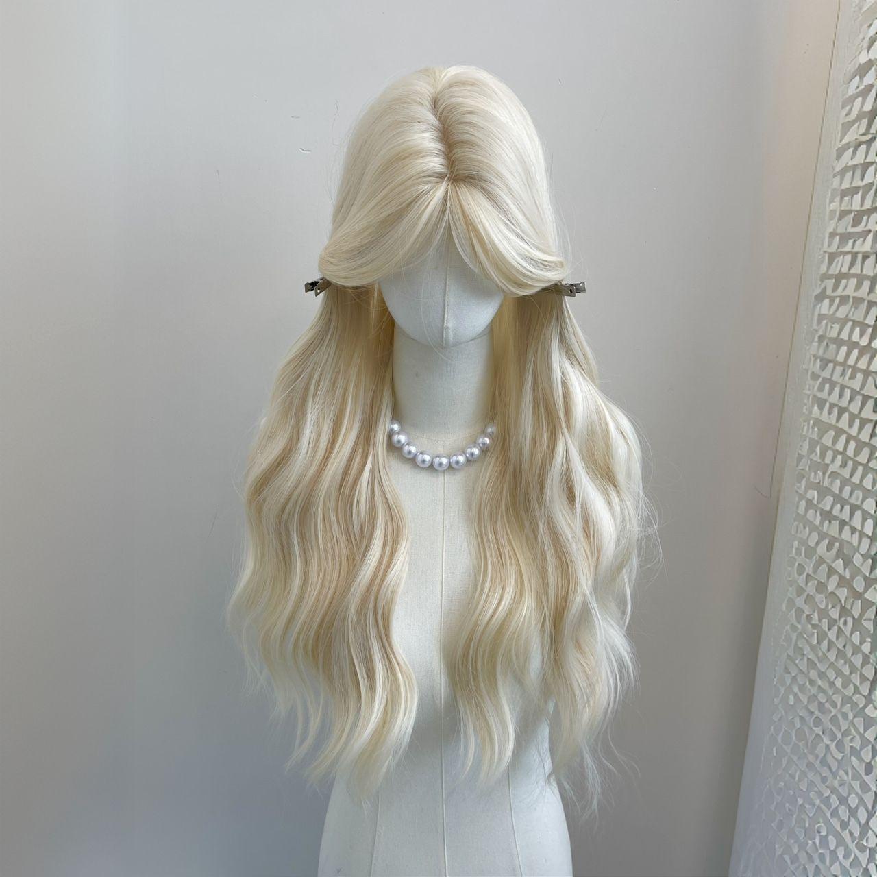 Women's Full Cap Platinum Blonde Long Curly Wig Natural Middle Part Curtain Bangs, Water Wave Invisible Lace Front Wig Women's Full Cap Platinum Blonde Long Curly Wig Natural Middle Part Curtain Bangs, Water Wave Invisible Lace Front Wig