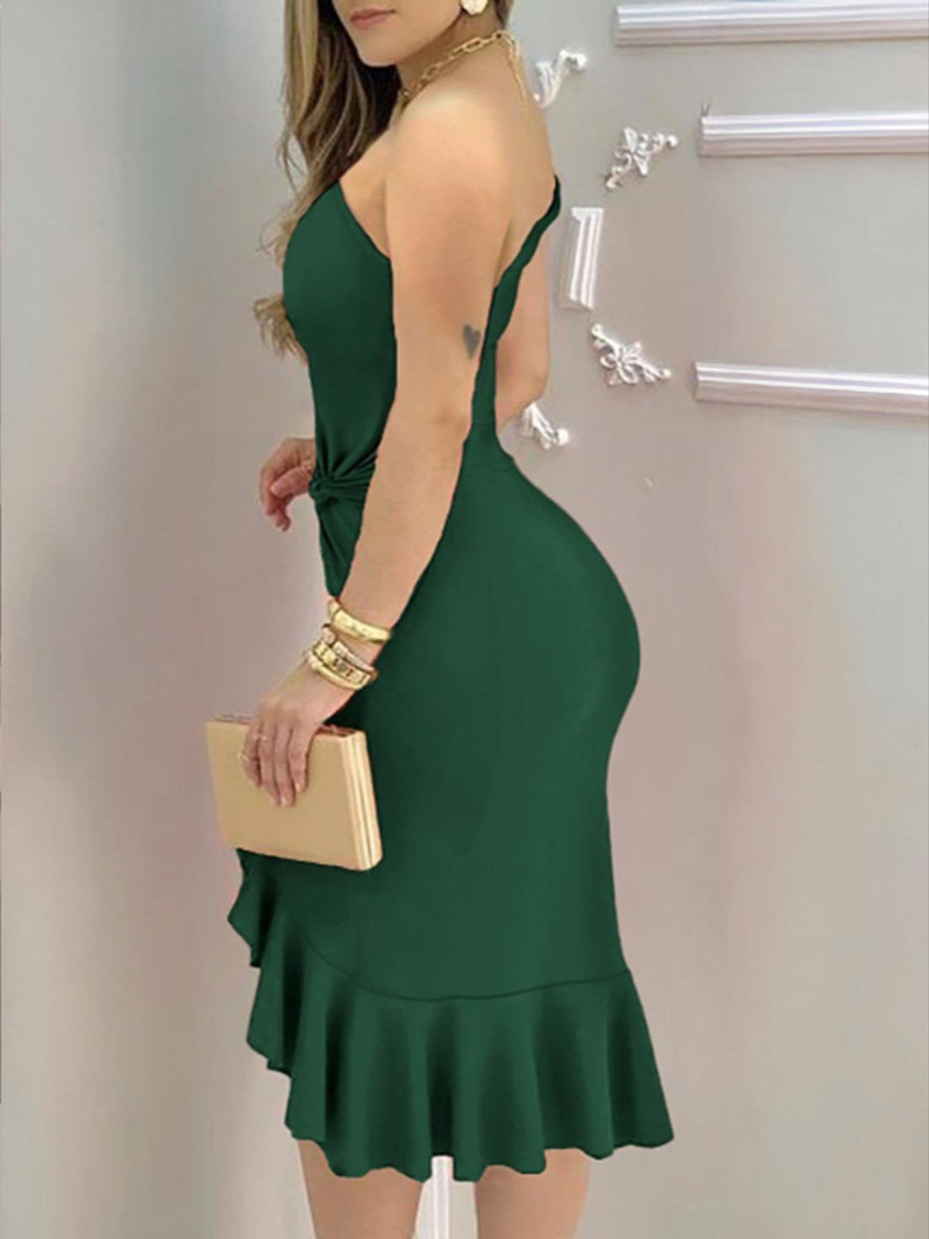 Women's Plain Twist Ruched Ruffle Hem One Shoulder Bodycon Dress, Elegant Sleeveless Split Thigh Midi Dress for Party Club Dating Wear, Ladies Summer Clothes, Formal Wear, Womenswear