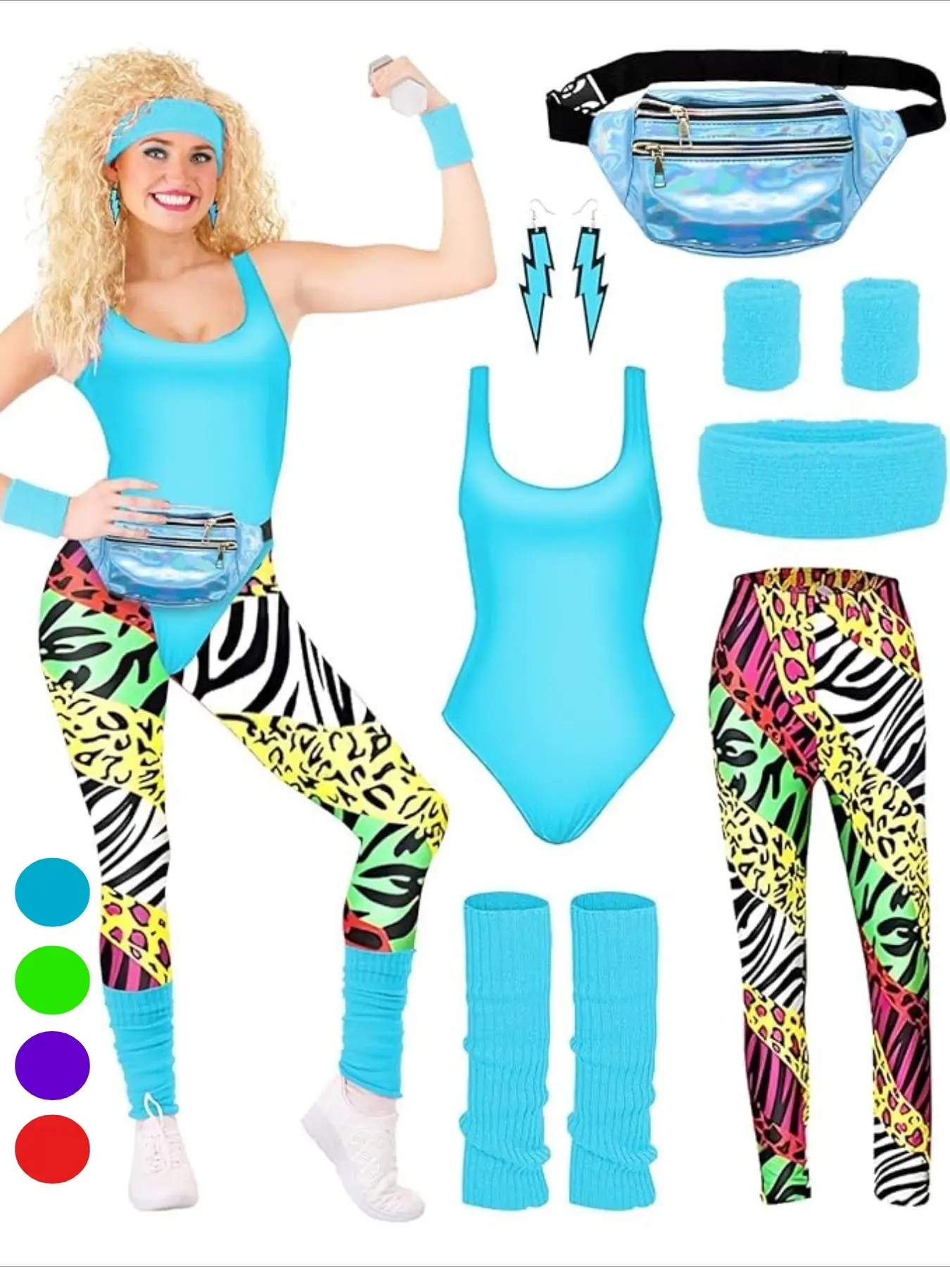 80s Halloween Retro Disco Fitness Set 7-piece Jumpsuit High Waisted Leggings Leg Guards and Waist Bags Stage Performance Costumes Party Costume Accessories