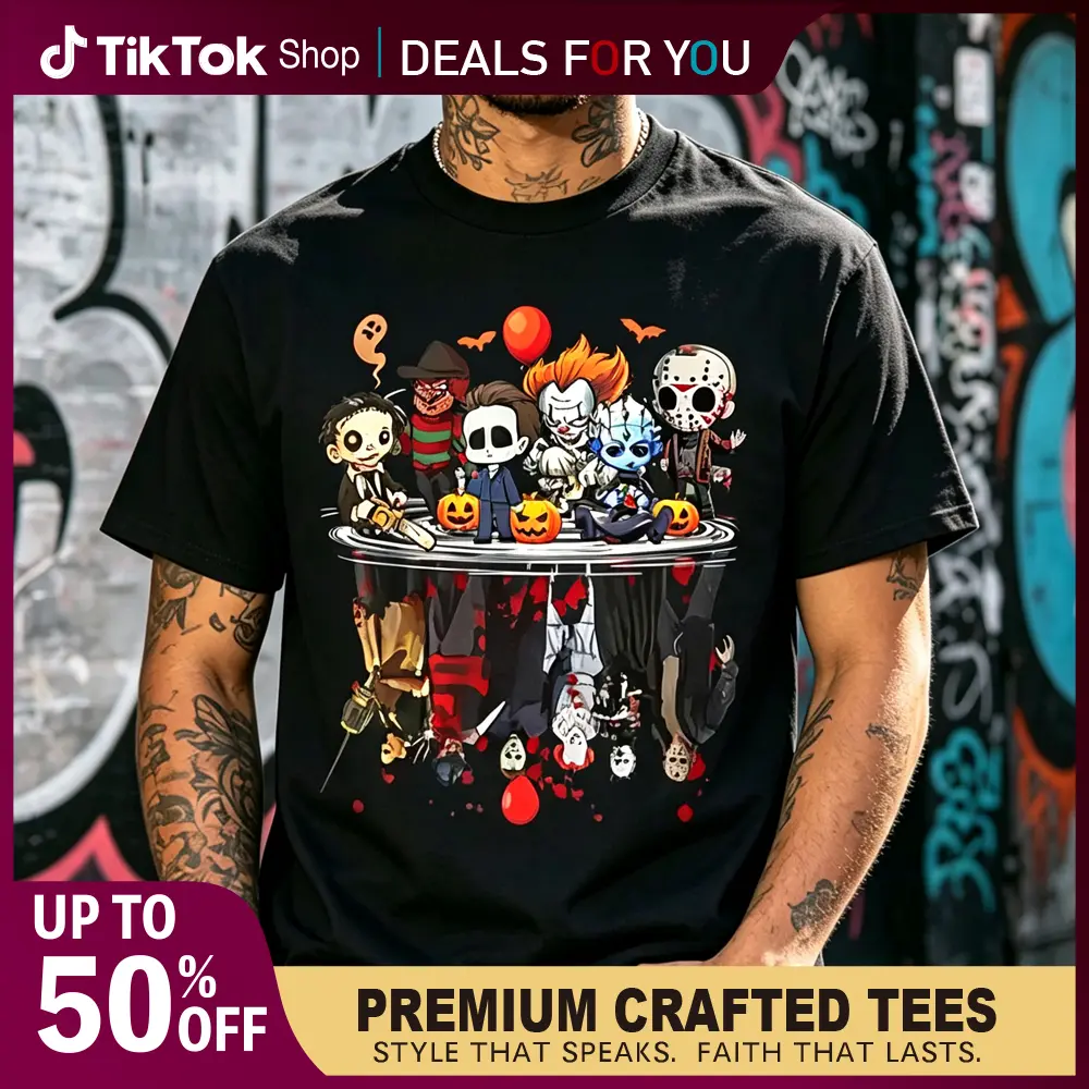 Horror Movie Characters Halloween Shirt - Freddy Jason Chucky Gothic Tee For Kids & Adults! Spooky Season Matching Family Tops Horror Movie Fans, Halloween Party Goers, Gothic Style Lovers Film Buffs Everyday Comfort