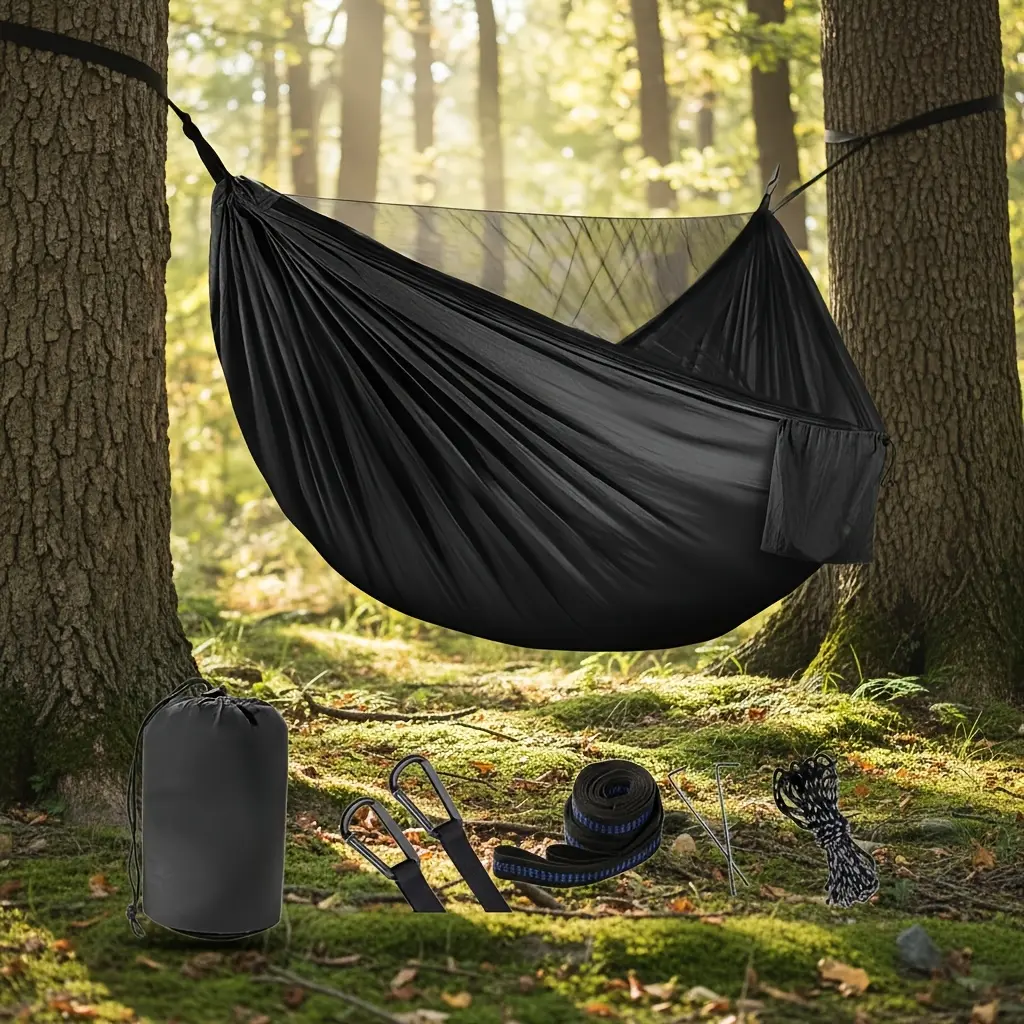 661.39LB Capacity Nylon Hammock With Mosquito Net |     Breathable, Quick-Drying, Portable For Indoor/Outdoor Use, Ideal For Camping, Hiking, Backpacking, Travel, Backyard, Beach - Black, Olive Green