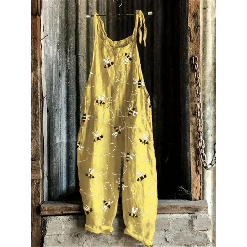 [Bee Print |   Casual] Yellow Sleeveless Women's Casual Overalls |   Bee Print Jumpsuit with Pockets |   Polyester, Loose Fit
