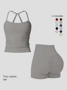 Women's Sporty Quick-Dry Two-piece Set, Solid Backless Cami Top & High Waist Tummy Control Butt-Lifting Shorts Tracksuit Set, Ladies Sportswear for Indoor Outdoor Wear, Gym Workout Wear, Yoga Gym Running Wear
