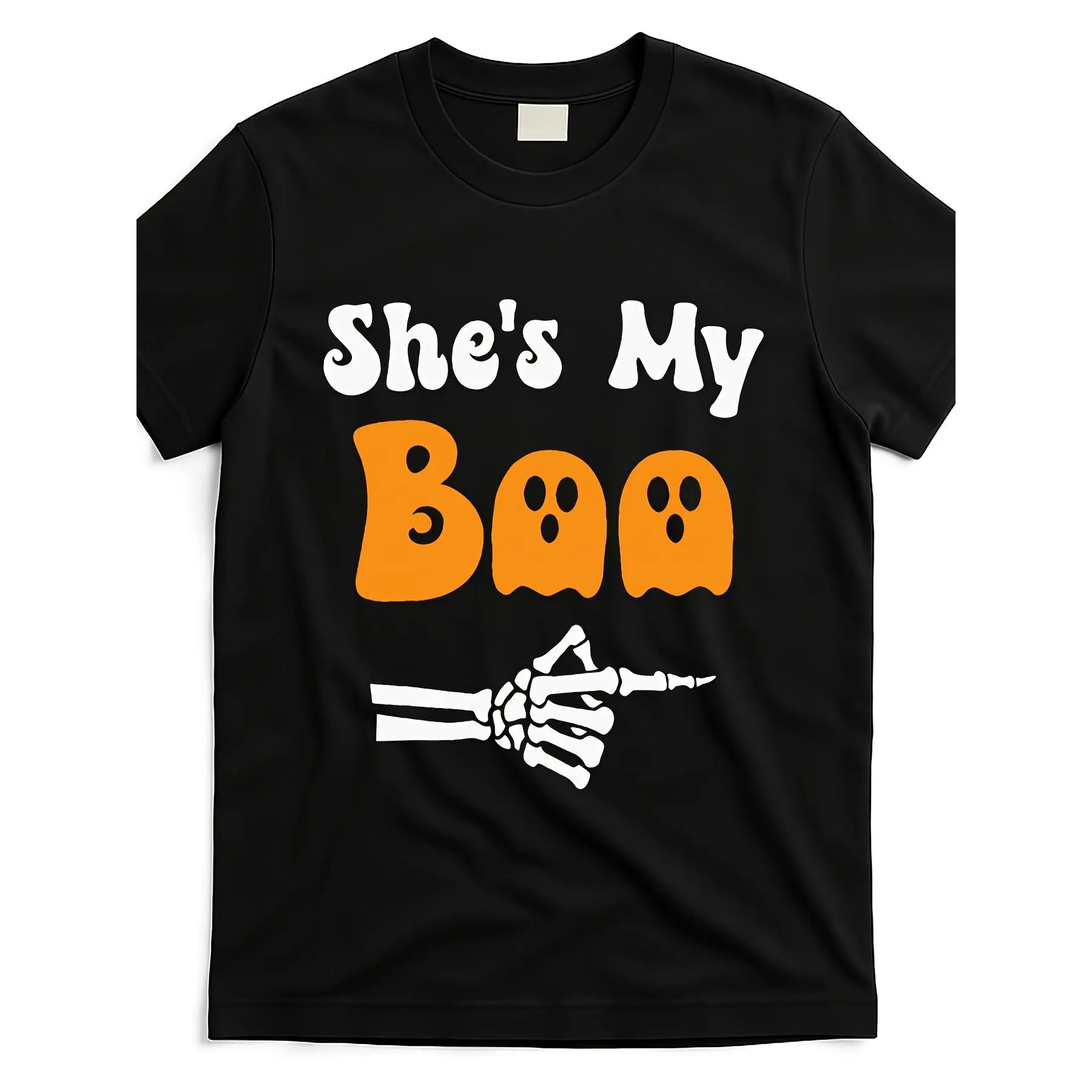 Men'S She'S My Boo Matching Couples Halloween T-Shirt - Retro Skeleton Hand & Spooky Orange Lettering Graphic,  Machine Washable Black Sleepwear, All-Season Comfort Fit for Couples Costumes, Family Photos & Holiday Parties - Ideal Group G