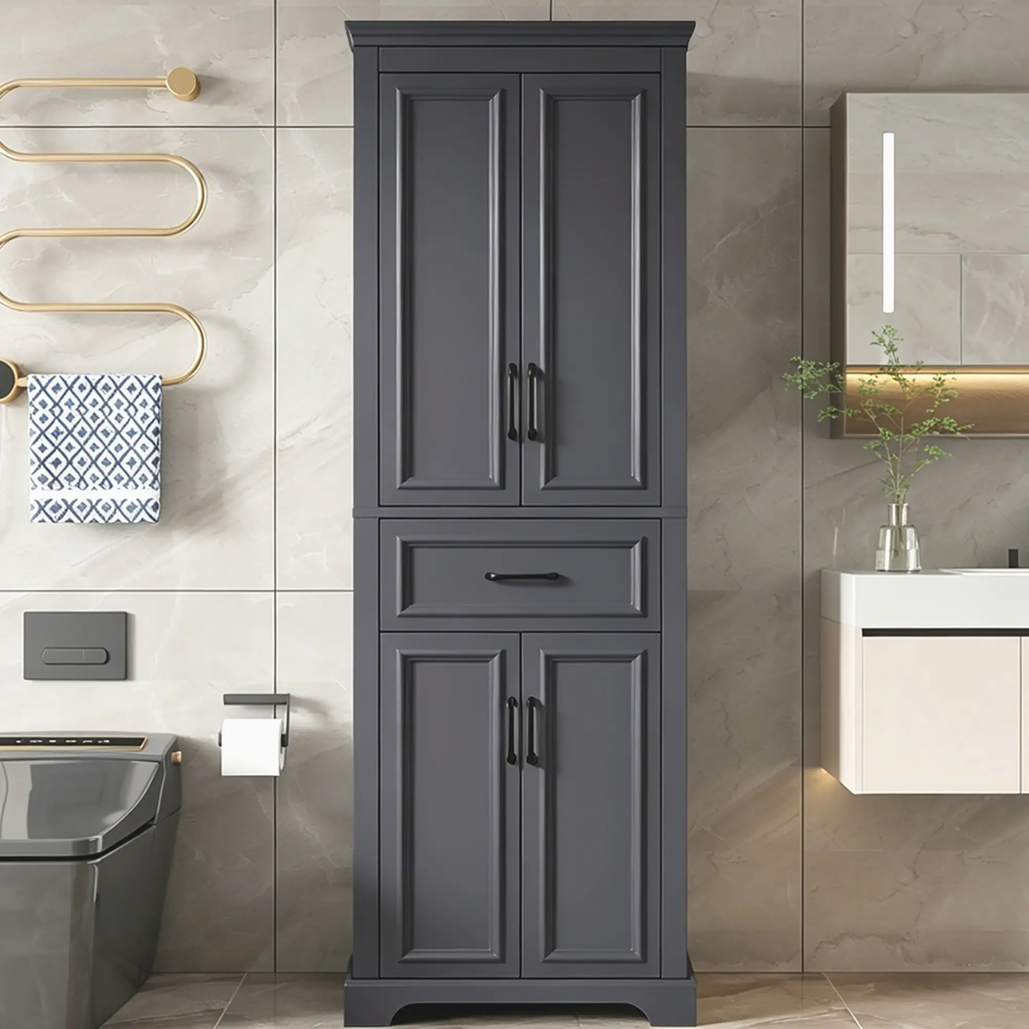 ARCH 70.8 Inch Freestanding Bathroom Vanity Floor Cabinet with 4 Doors and 1 Drawer, Modern Elegant Design, Space-Saving Storage with Adjustable Shelves, Damping Hinge Doors, Durable Painted Finish, for Bathroom Organization and Storage