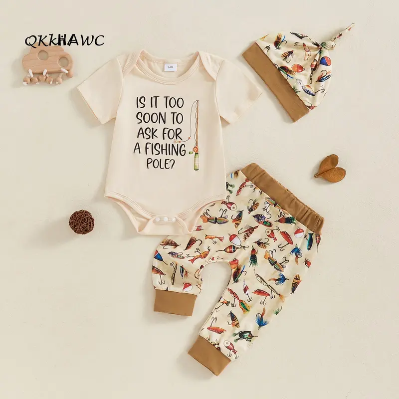 Baby Boy 3-Piece Fishing Themed Baby Clothing Newborn Gift Set - Cotton Blend Short-Sleeves Jumpsuit (Fish Print), Bait Print Jogging Pants, 1 Hat, 0-18 Months Summer Casual Boy Outfit