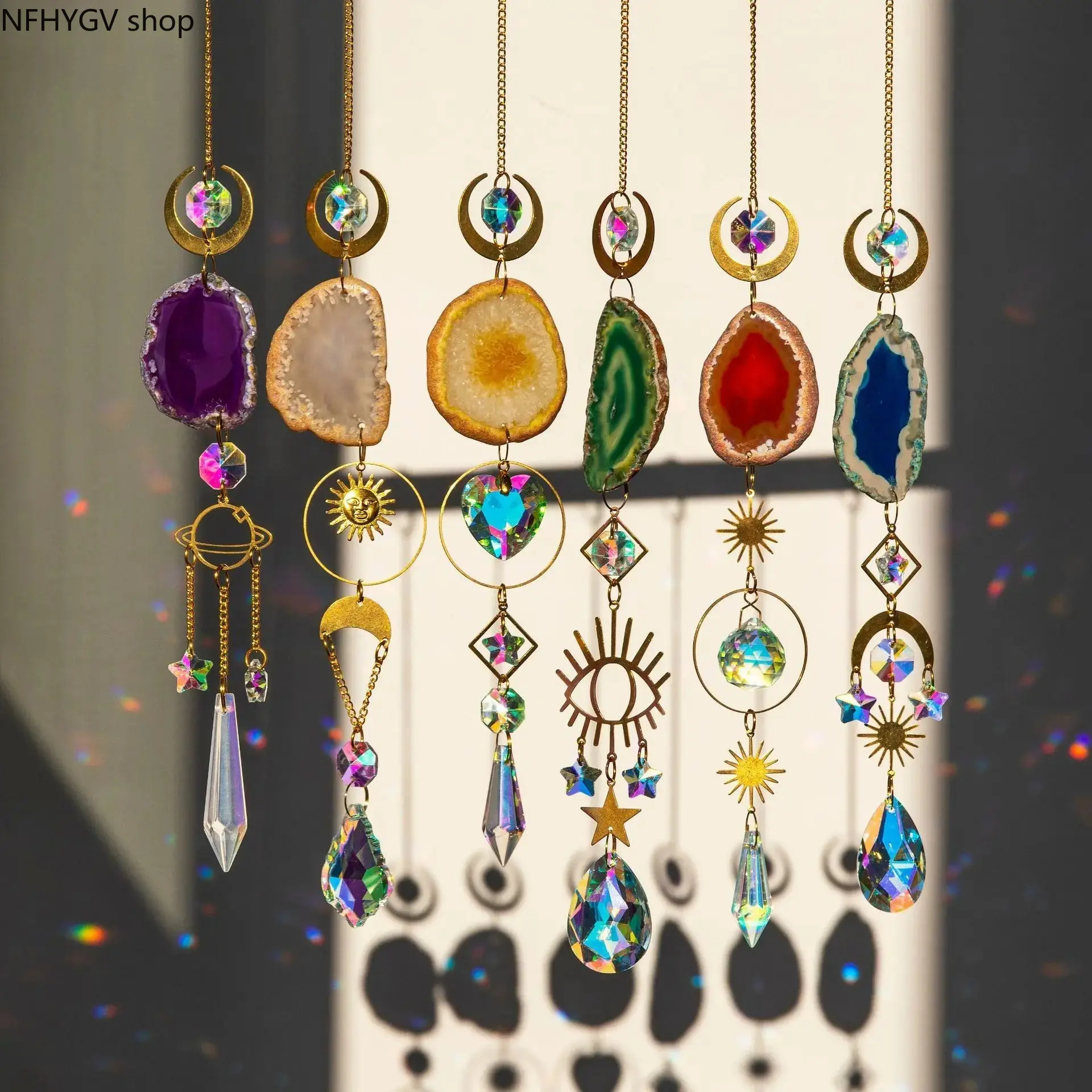 Witchy Agate Crystal Light Catcher With Evil Eye, Boho Celestial Brass Charm Hanging Rainbow Maker, Multi-Colored Window Ornament Accessory For Home Interior Display Indoor Room Layout Spiritual Boho Witchy Styling Use