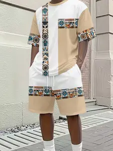 Men's Ethnic Pattern 3D Digital Print Two-Piece Set, Loose-Fit Short Sleeve T-Shirt and Shorts, Bohemian Style Casual
