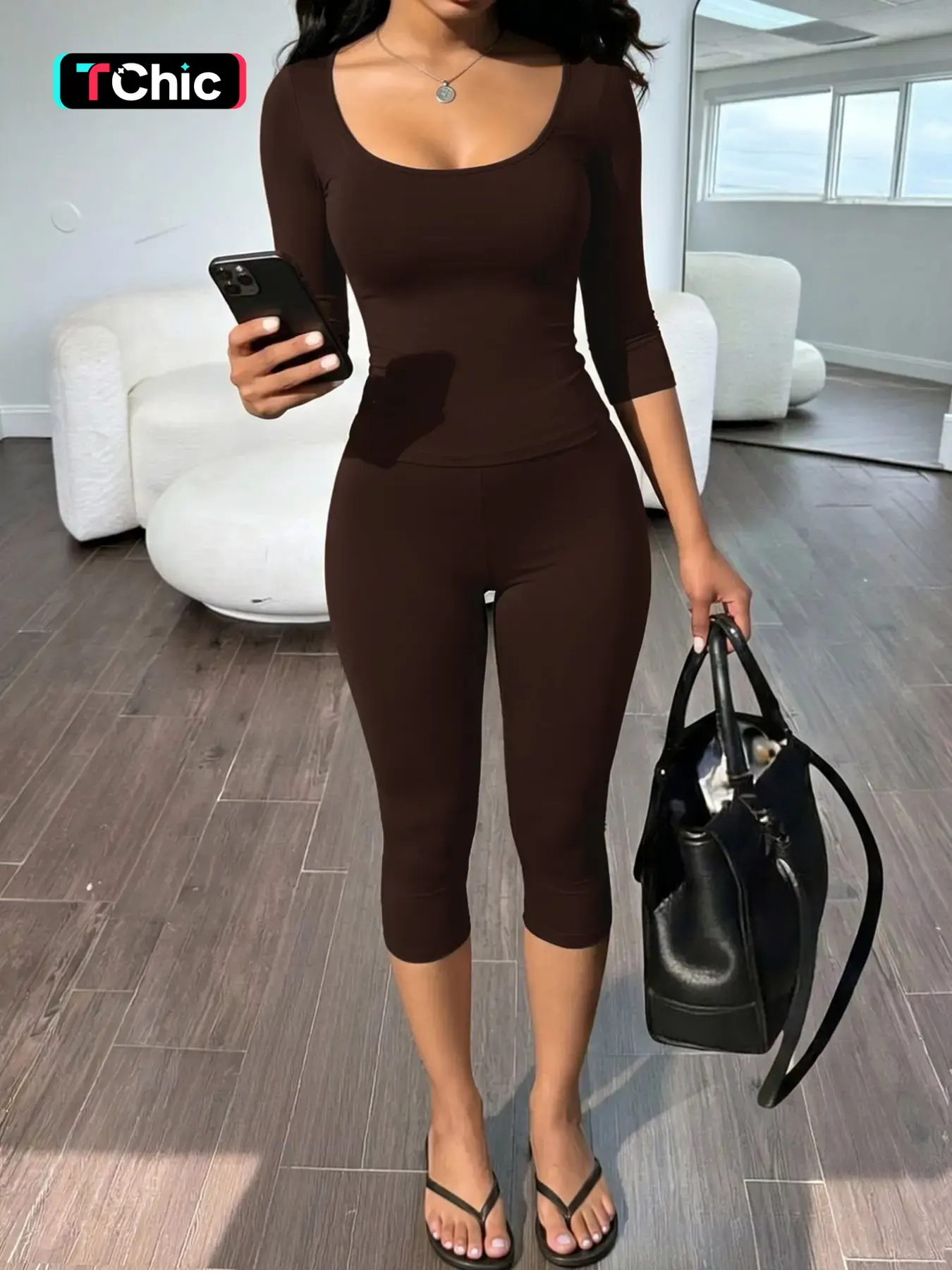 Chocolate Brown Two Piece Capri Set Women Scoop Neck Three Quarter Sleeve Slim Fit Top High Waist Cropped Leggings Soft Stretch Bodycon Lounge Set Y2K Casual Streetwear Summer Outfit