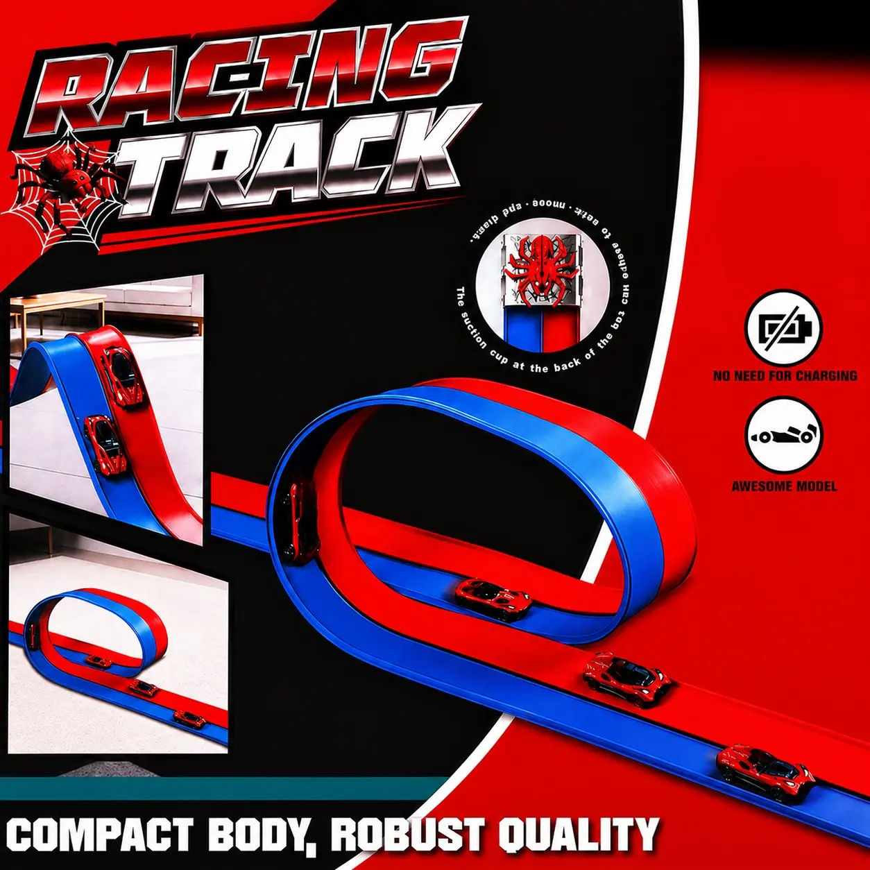 Spider Race Track Toy Set, Includes 4 Alloy Pull-Back Cars, Flexible Dual Color Circular Track, Battery-Free Stunt Car Game, Perfect Gift