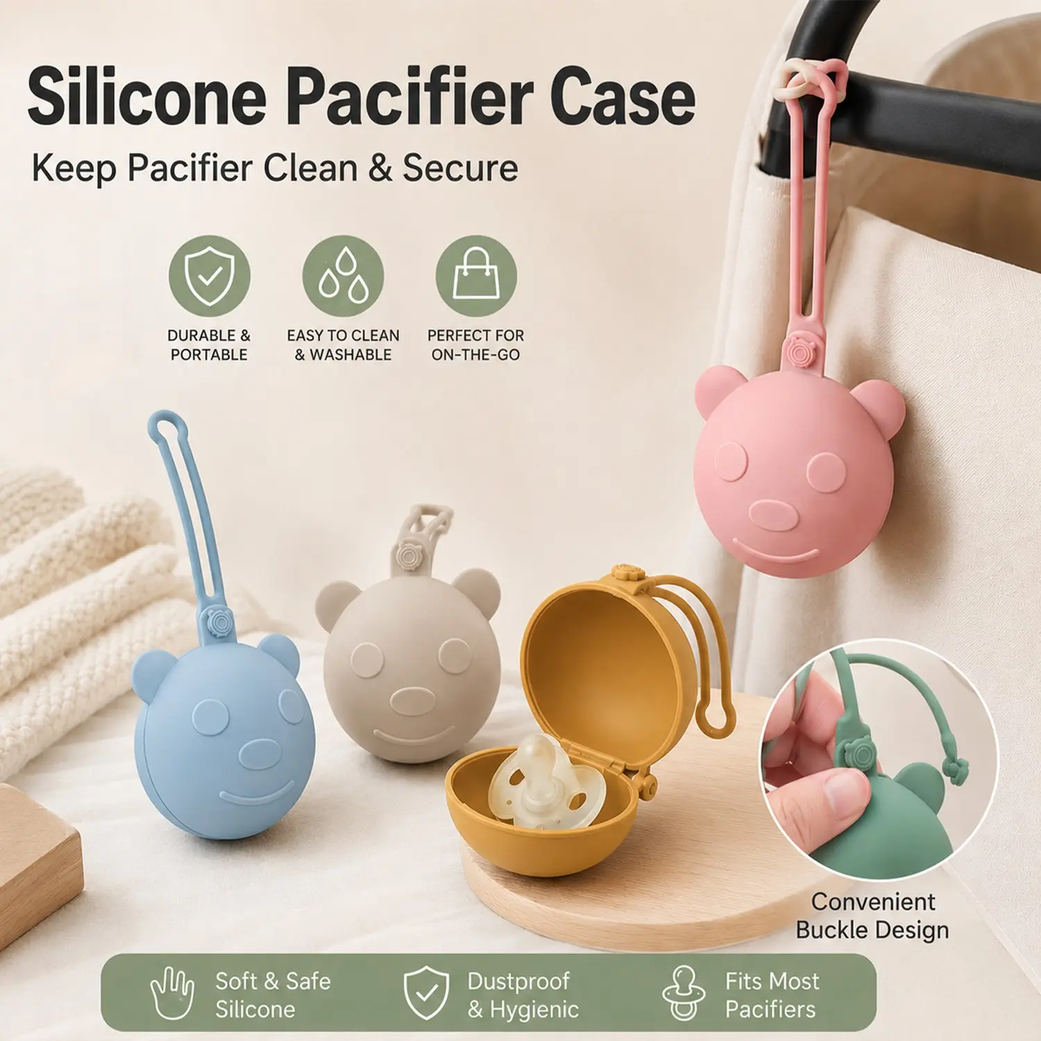 Cute bear silicone pacifier storage box, food-grade silicone portable pacifier box with lanyard, dustproof travel Newborn baby teething toy storage container, compatible with various pacifiers and teething toys.