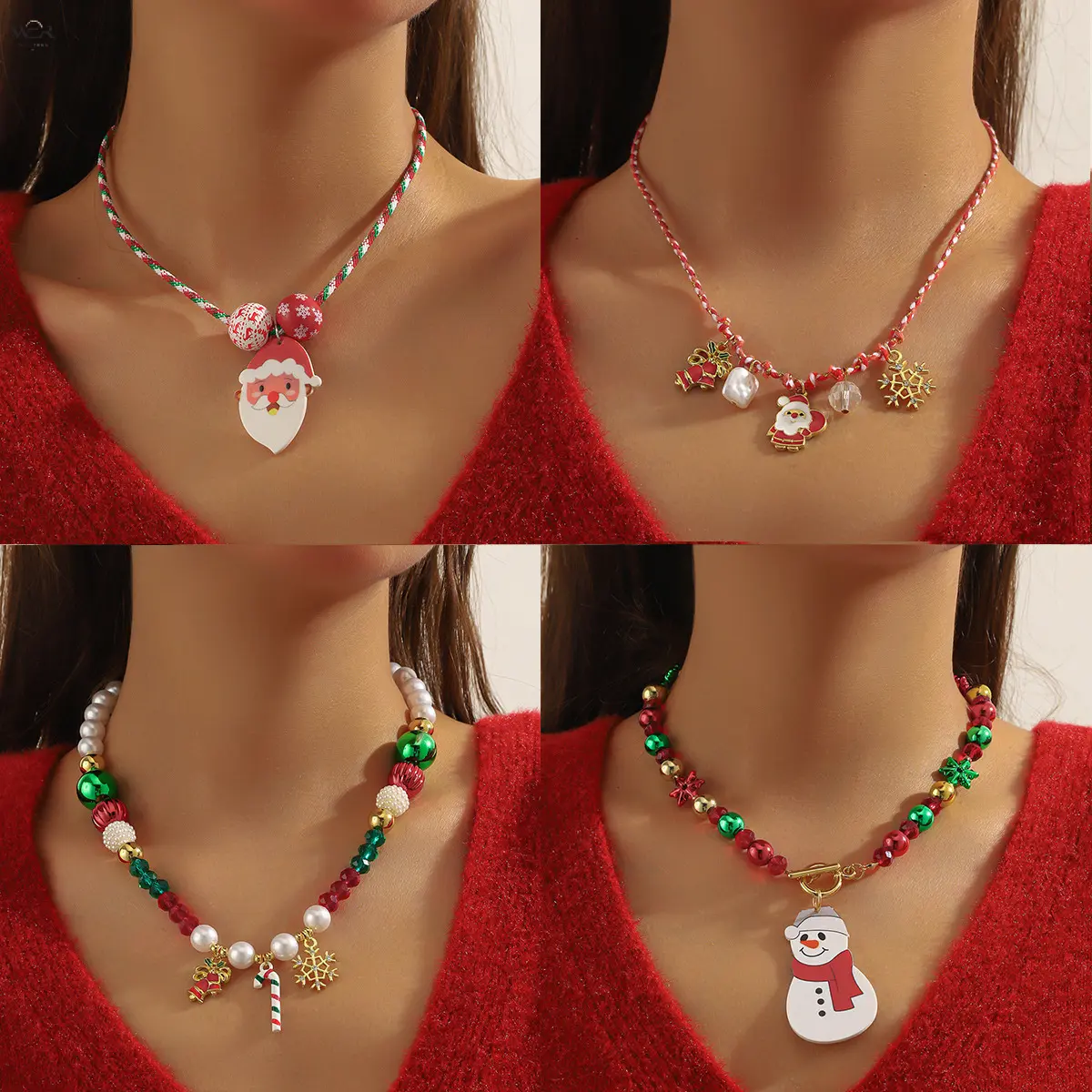 Christmas Woven Red Green Strip Choker Necklace, Adjustable Extension Soft Cord, Multi-Style Santa Snowflake Tree Pendant, Holiday Party Xmas Decorative Neck Jewelry Gift for Women Girls