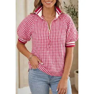 Red Gingham Striped Patchwork Half Zip Blouse