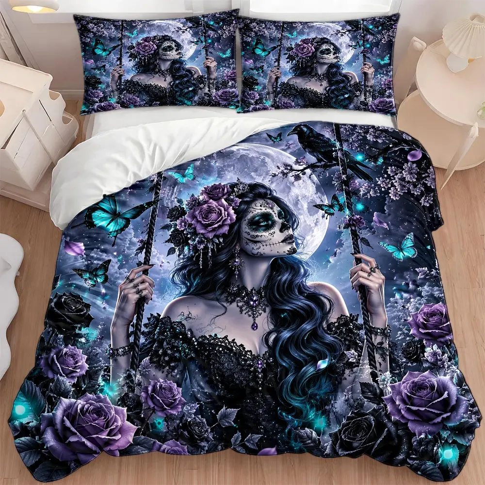 3PC Dark Sugar Skull Rose Butterfly Gothic Floral Moon Bedding Set - 1 Duvet Cover + 2 Pillowcases, Invisible Zipper Double Bed Cover, All-Season, Machine Washable, Ideal for Home, Dormitory