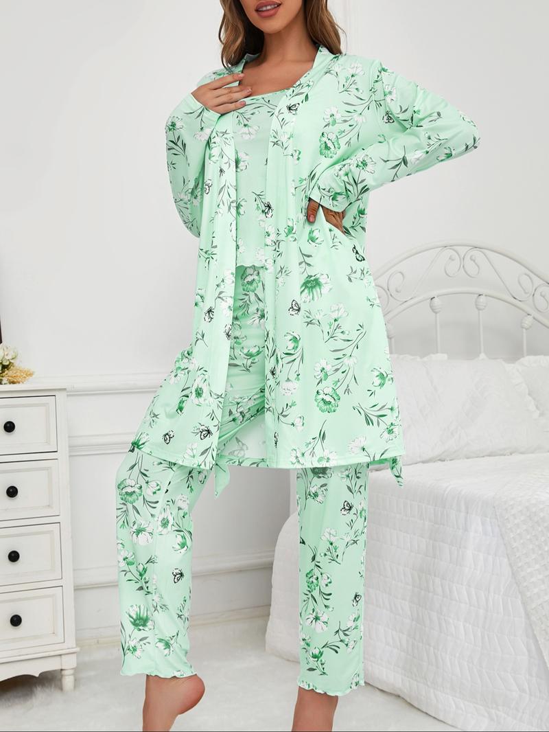 Three-Piece Set Women's Floral Butterfly Print Lettuce Trim Belted Lounge Robe & Cami Top & Pants Pyjama Set, Casual Comfy Three-piece Sleepwear Set for Women, Ladies Sleepwear for All Seasons, Pajama Set