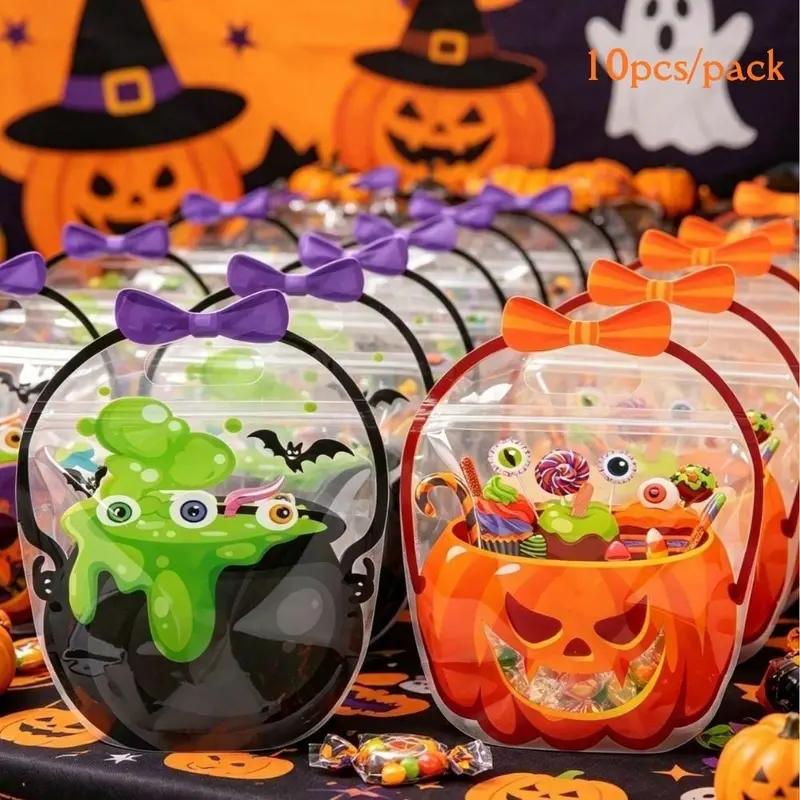 10/50Pcs Halloween Handheld Gift Bags, Reusable Bags, Pumpkin Witch Cauldron Shaped Tote Bags, Party Favor Bags & Shopping Bags, Trick or Treat Candy Bags, Happy Halloween Decorations, Sealed Candy & Cookie Bags, Party Table Decor