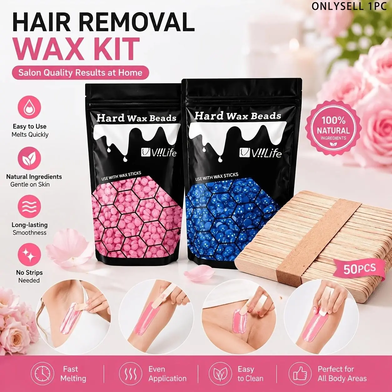Viilife Hard Wax Hair Removal Depilation Kit with 50 Applicators, Quick Melt Natural Formula, Gentle for Sensitive Skin, Salon Quality at Home