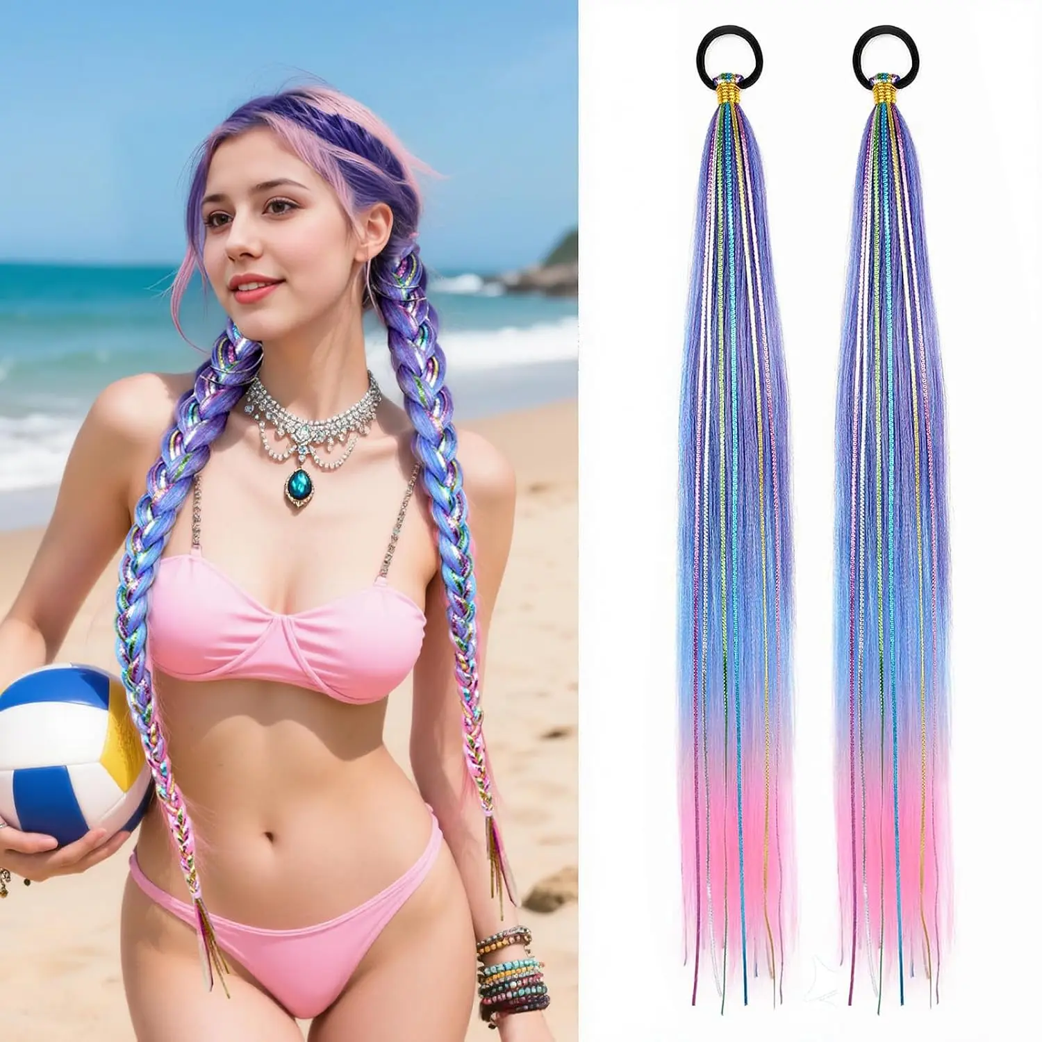 2 Pack Braid Ponytail Extensions, 26 Inch Braided Ponytail Wig with Elastic Tie for Girls (/Blue/#, 26 Inch (Pack of 2))
